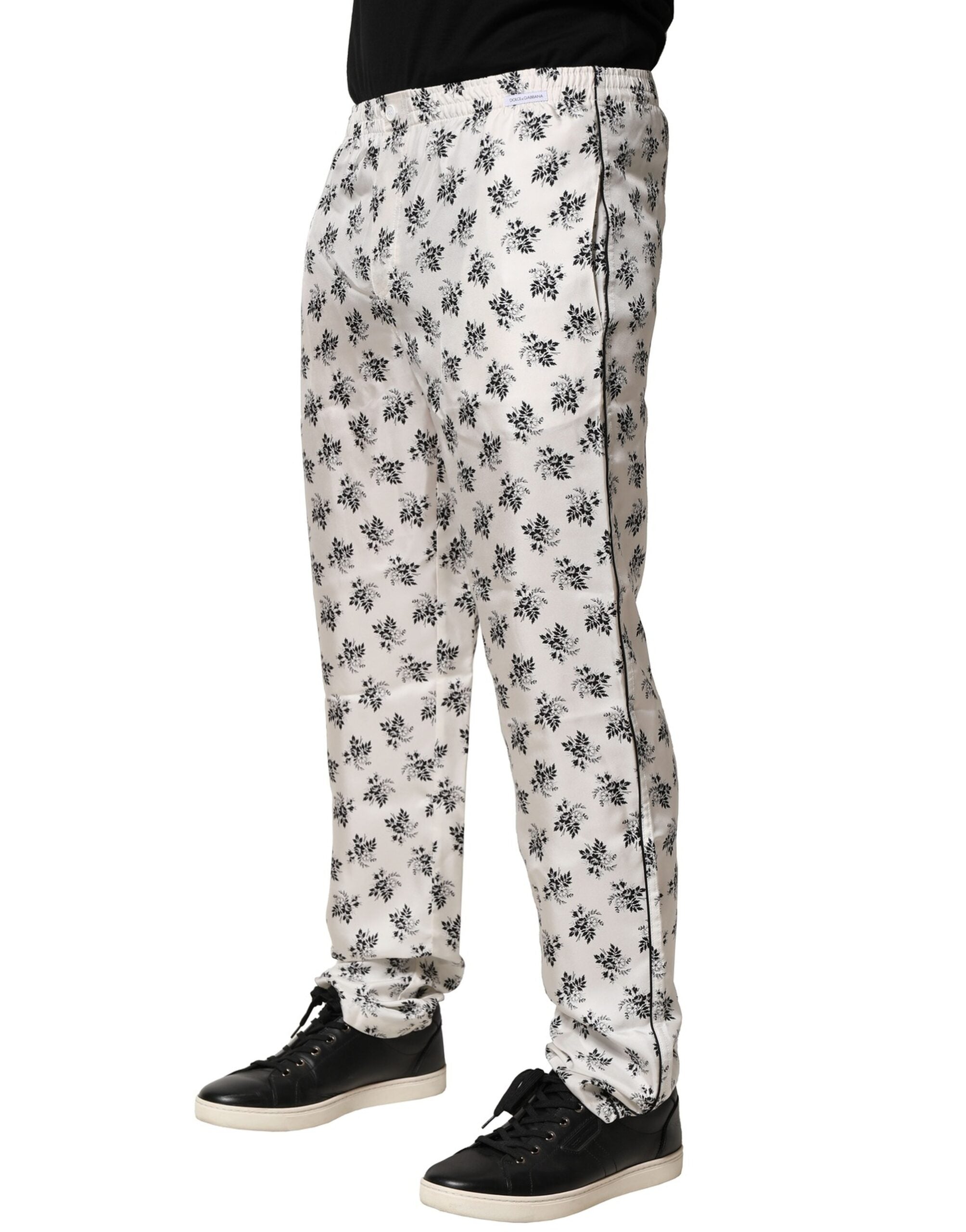 Pantaloni sport casual din mătase albă cu imprimeu floral Dolce & Gabbana
