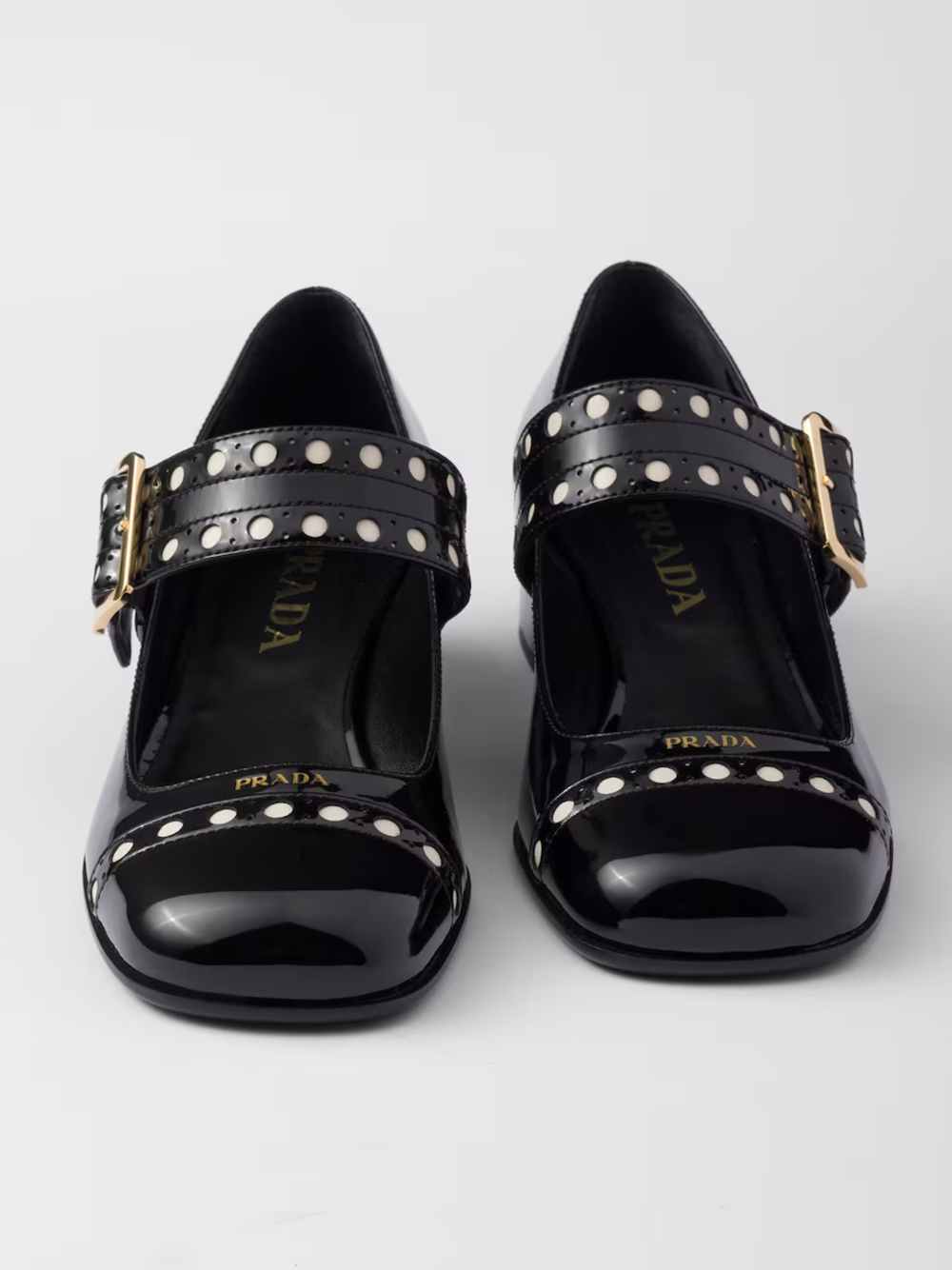 Pantofi cu toc Mary Jane din piele lăcuită negri Prada