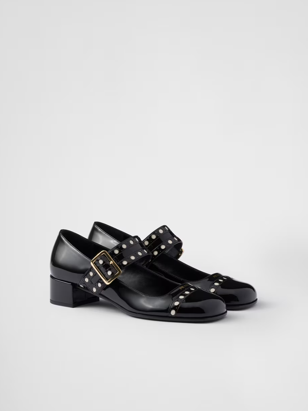 Pantofi cu toc Mary Jane din piele lăcuită negri Prada