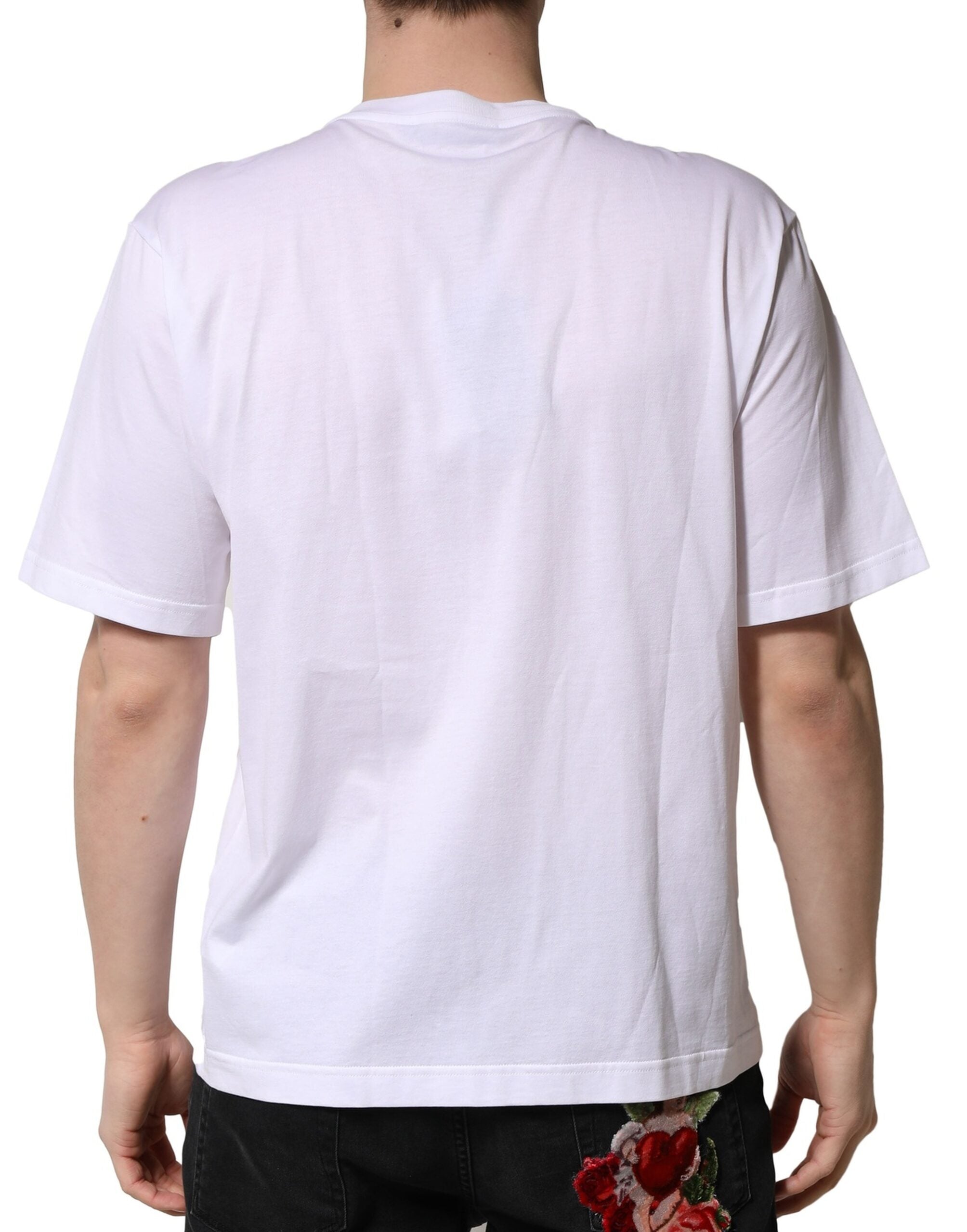 Dolce & Gabbana – Weißes, verziertes T-Shirt aus Baumwolle mit Rundhalsausschnitt