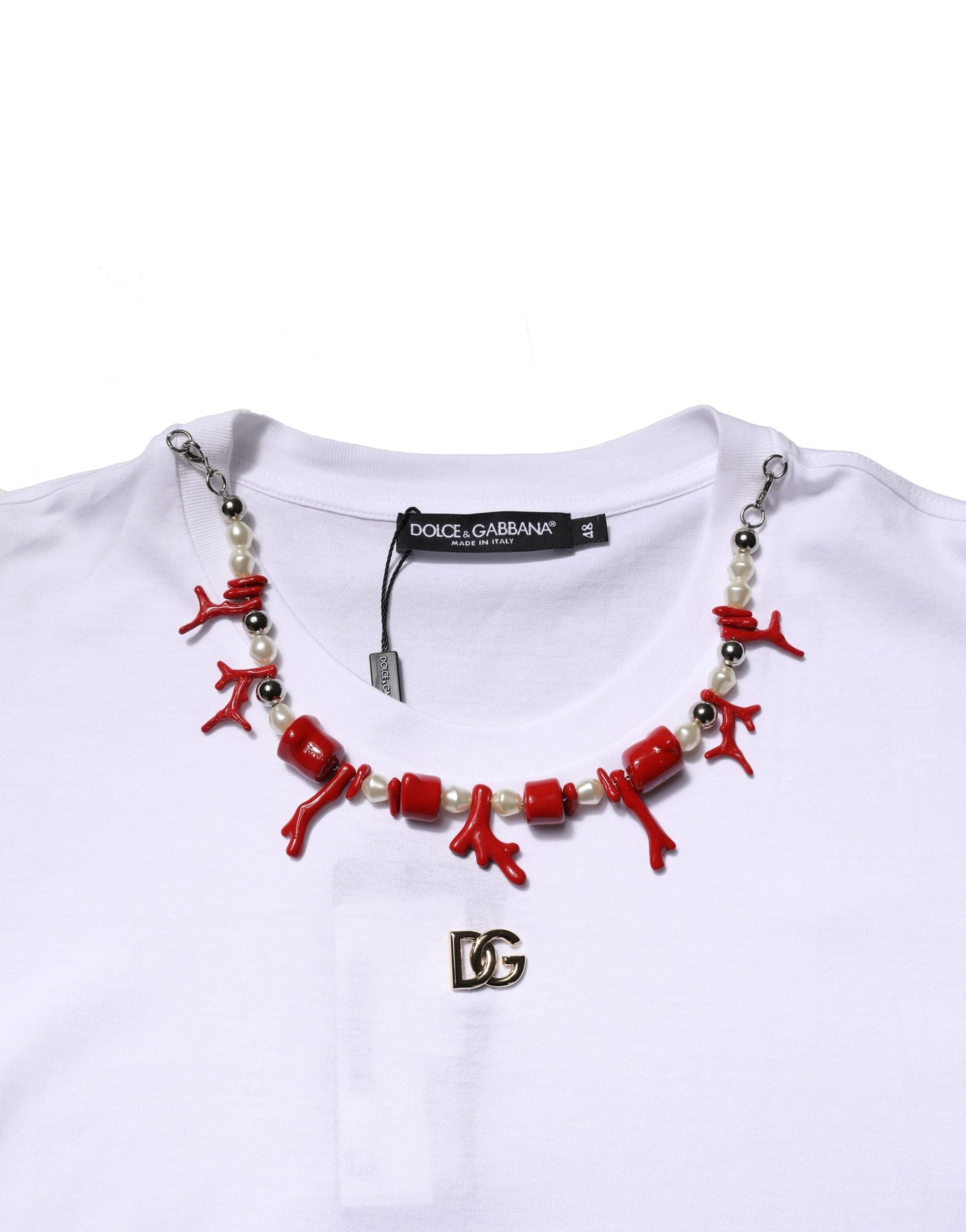 Dolce & Gabbana – Weißes, verziertes T-Shirt aus Baumwolle mit Rundhalsausschnitt
