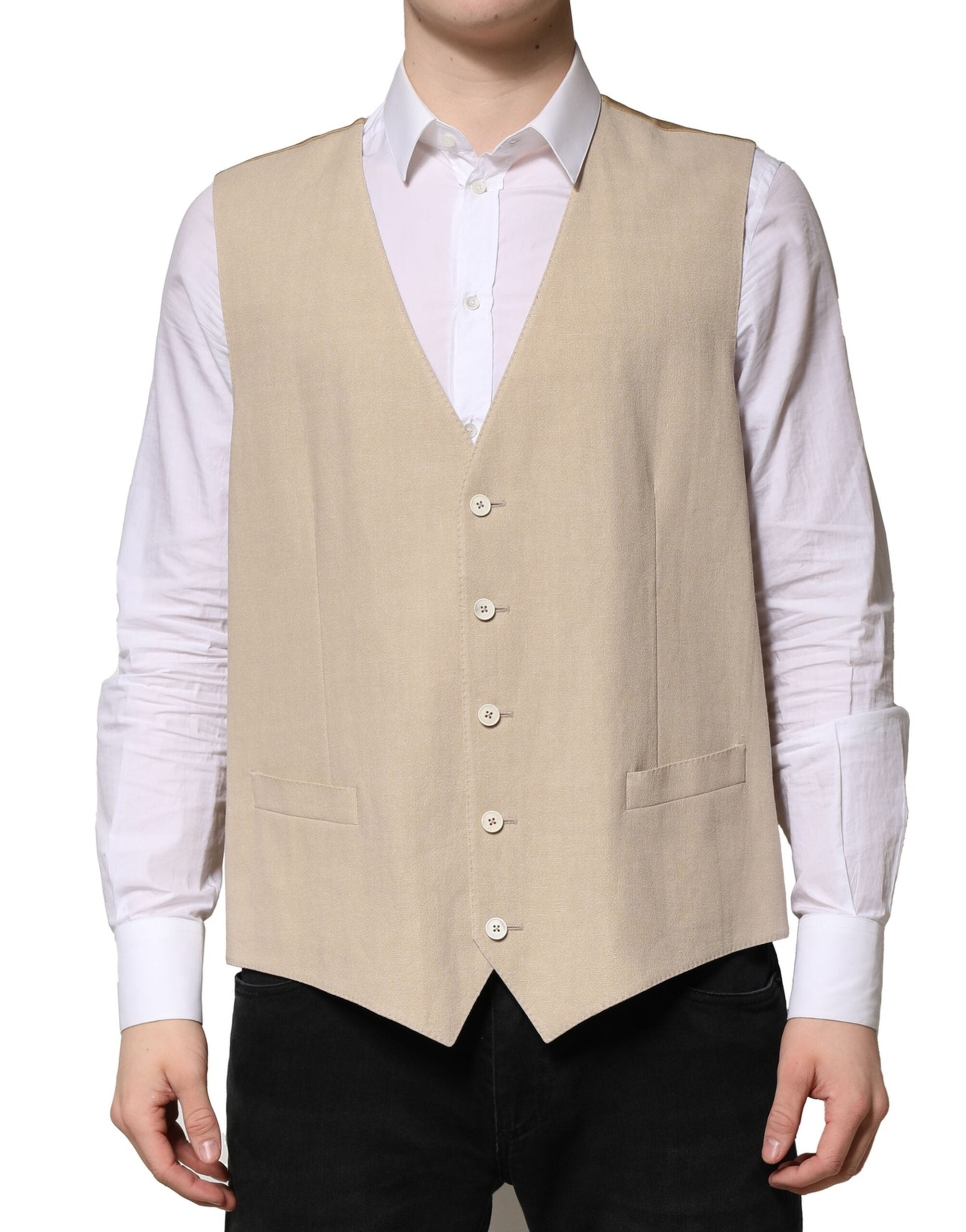 Dolce & Gabbana Beige Leinen Kleid Formale Männer Weste Weste