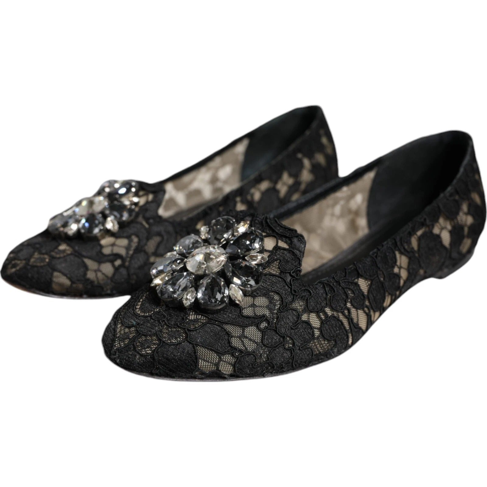 Dolce & Gabbana – Schwarze Ballerinas mit Spitze und Kristallen, Halbschuhe