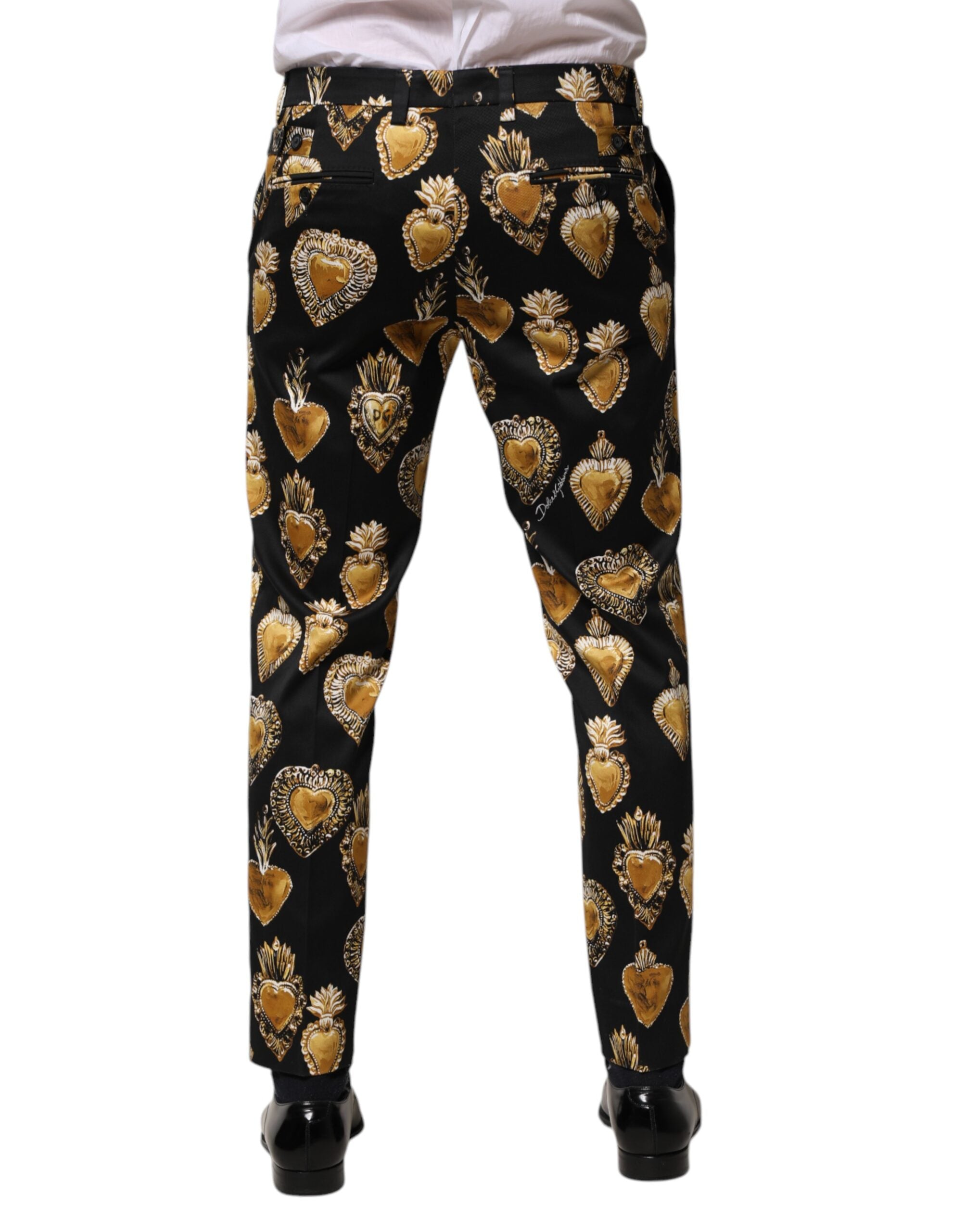 Pantaloni Dolce & Gabbana Negri și Aurii cu Imprimeu de Inimă Sacră