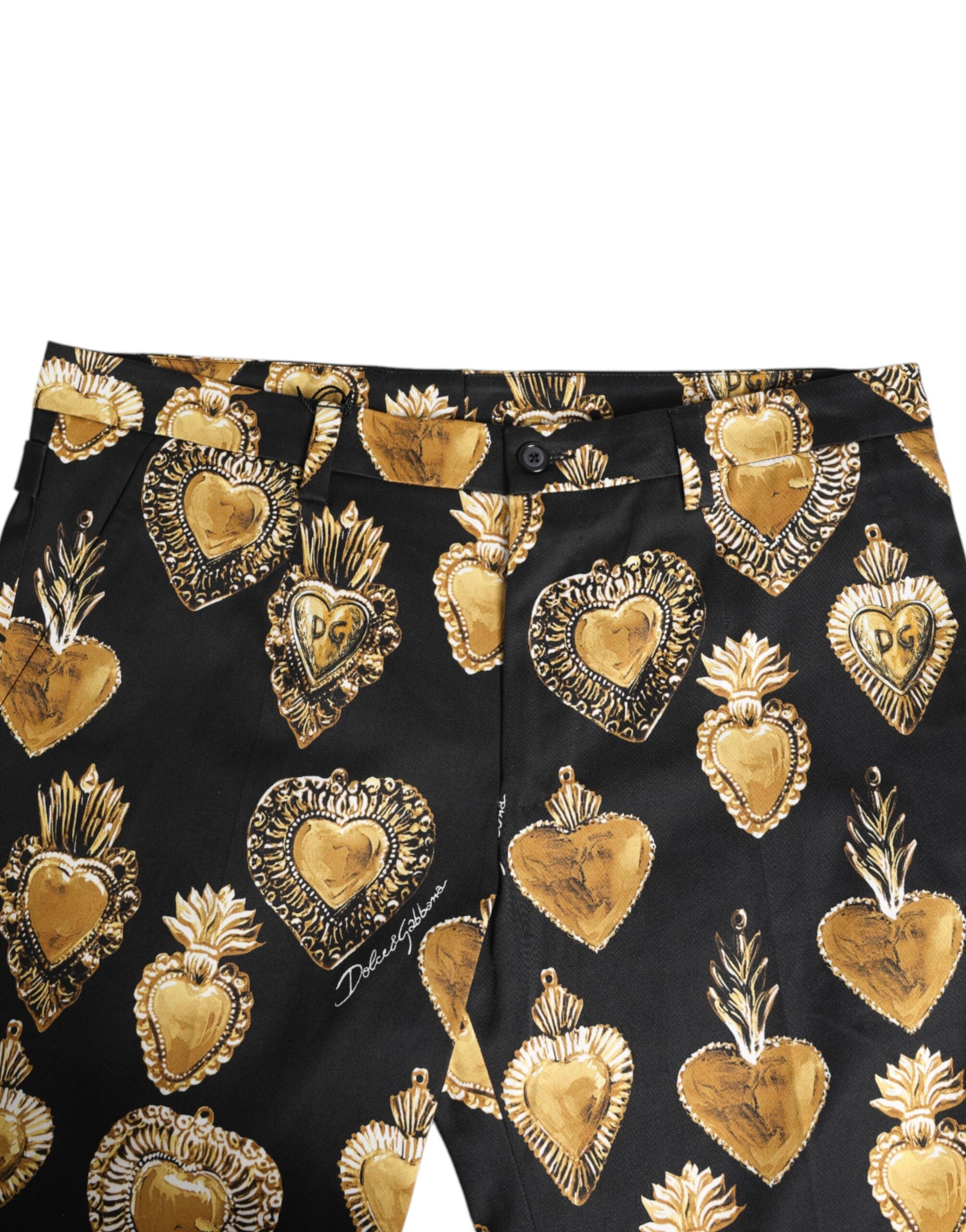 Pantaloni Dolce & Gabbana Negri și Aurii cu Imprimeu de Inimă Sacră