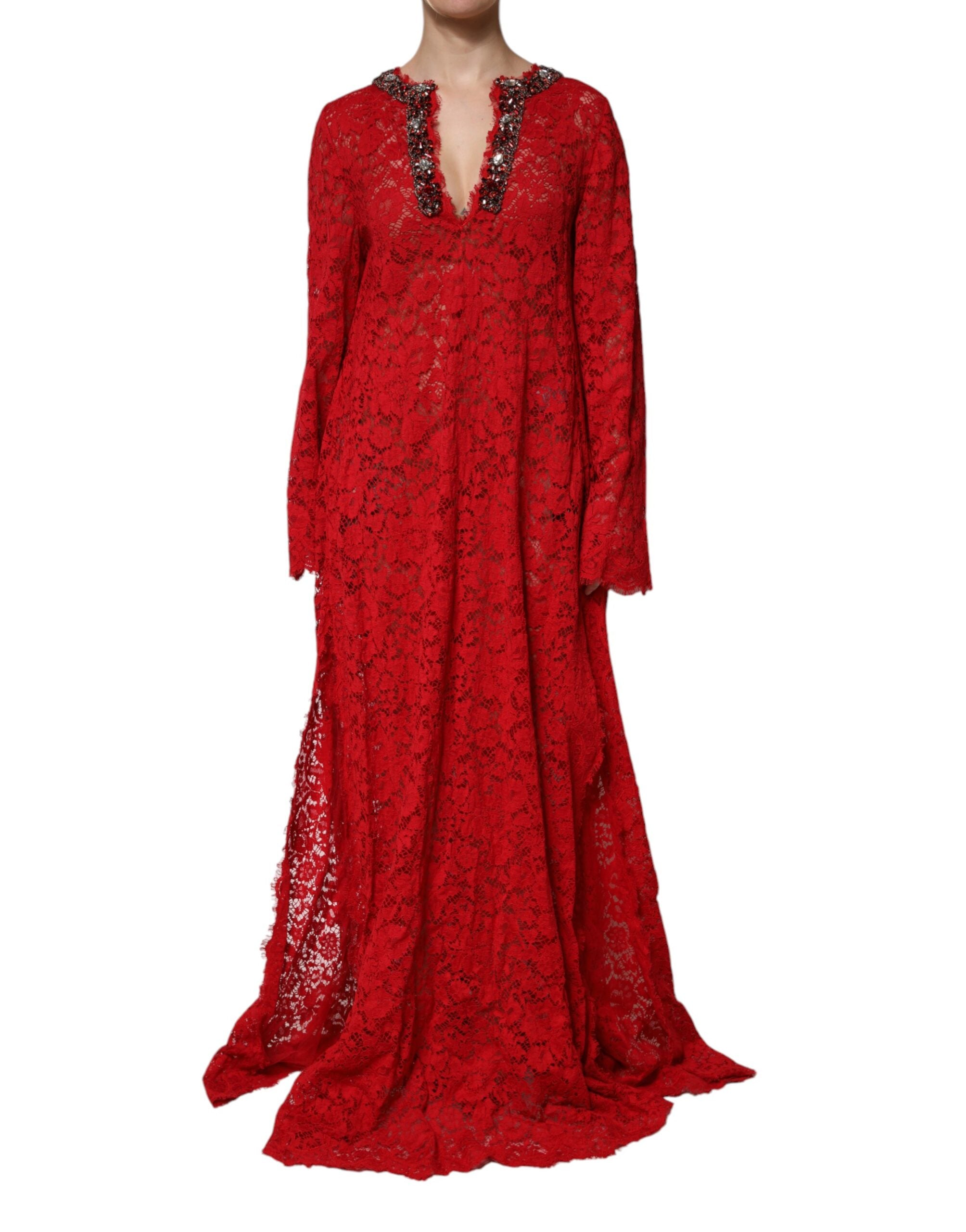 Rochie Dolce & Gabbana roșie cu dantelă florală și strasuri