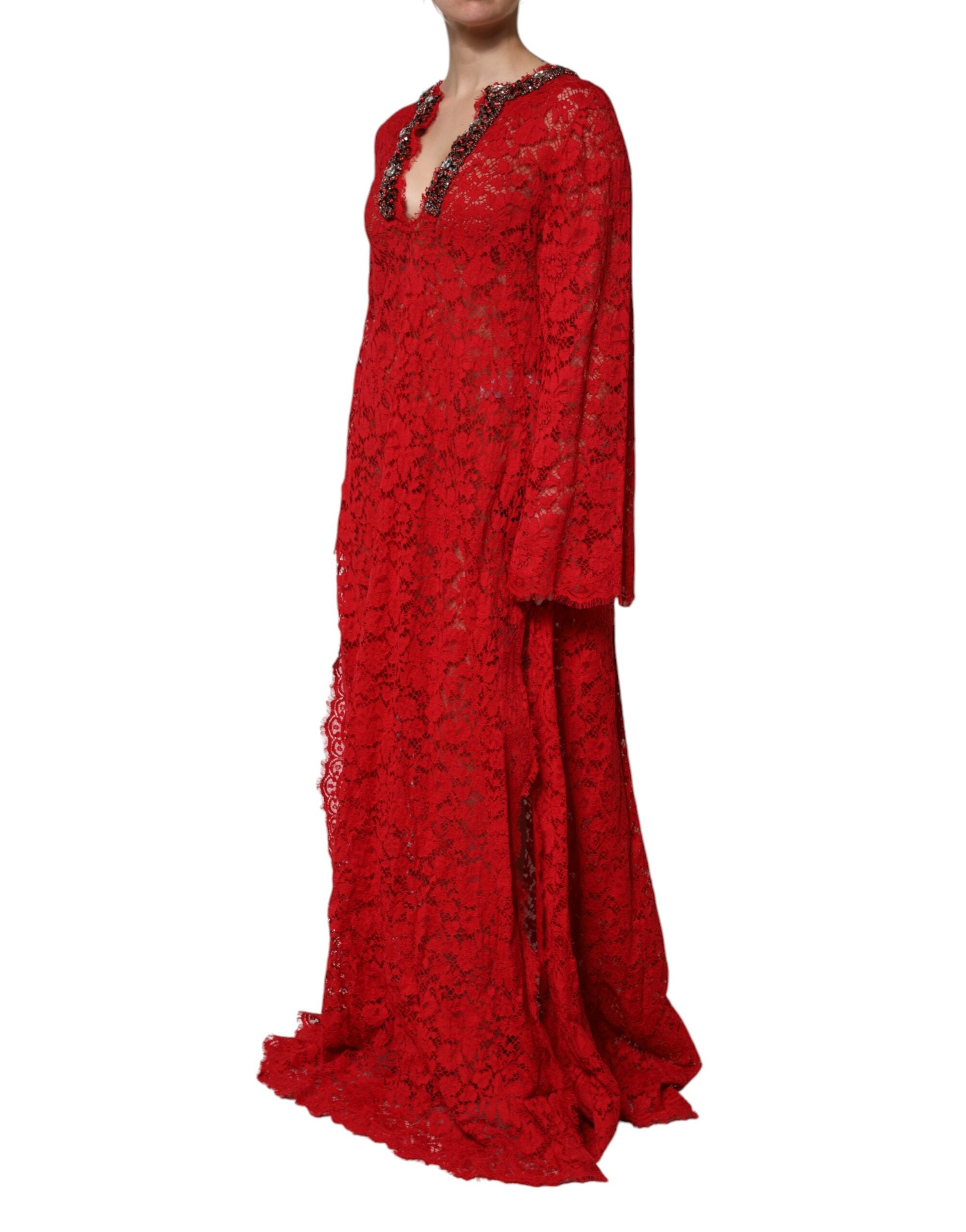 Rochie Dolce & Gabbana roșie cu dantelă florală și strasuri
