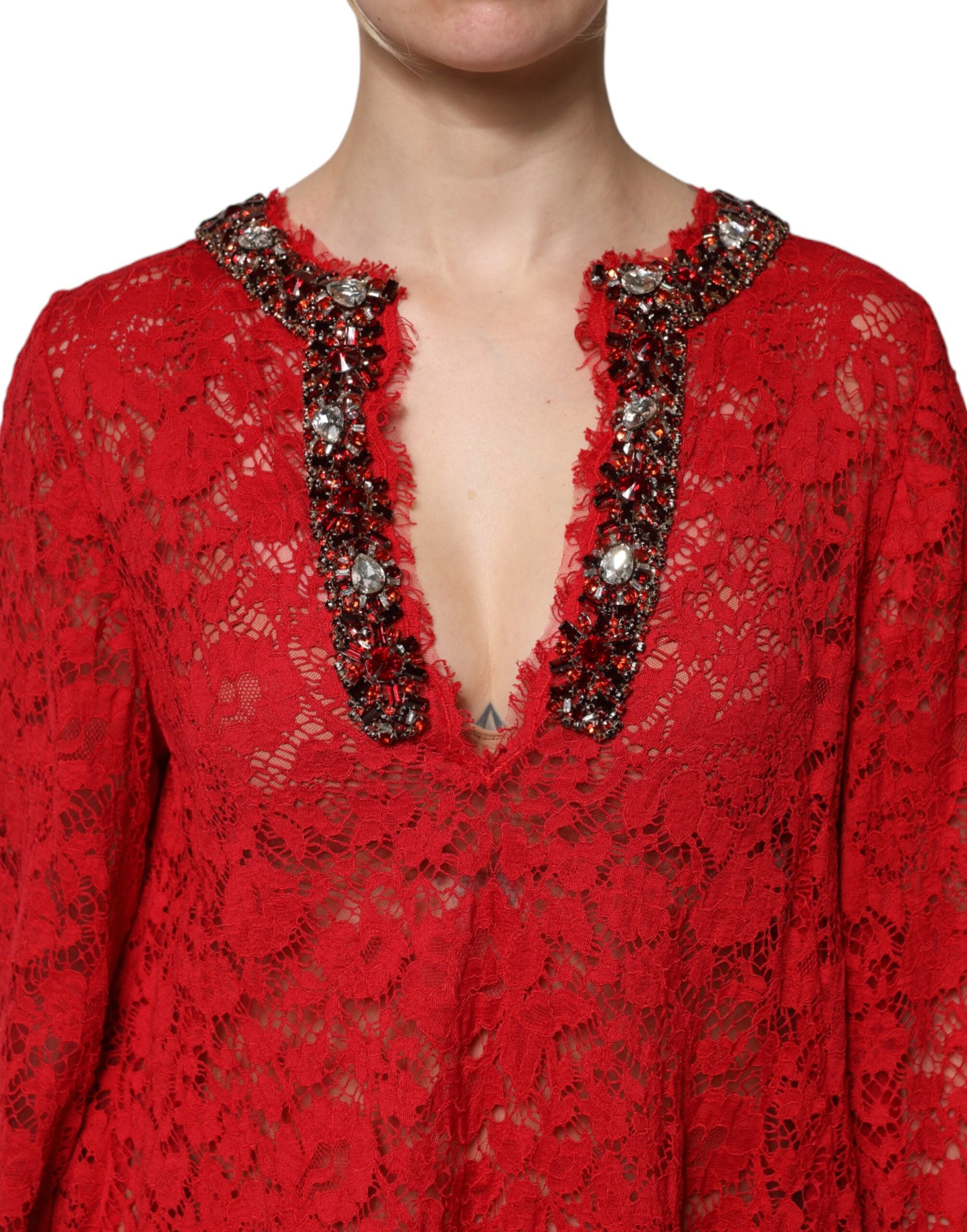 Rochie Dolce & Gabbana roșie cu dantelă florală și strasuri