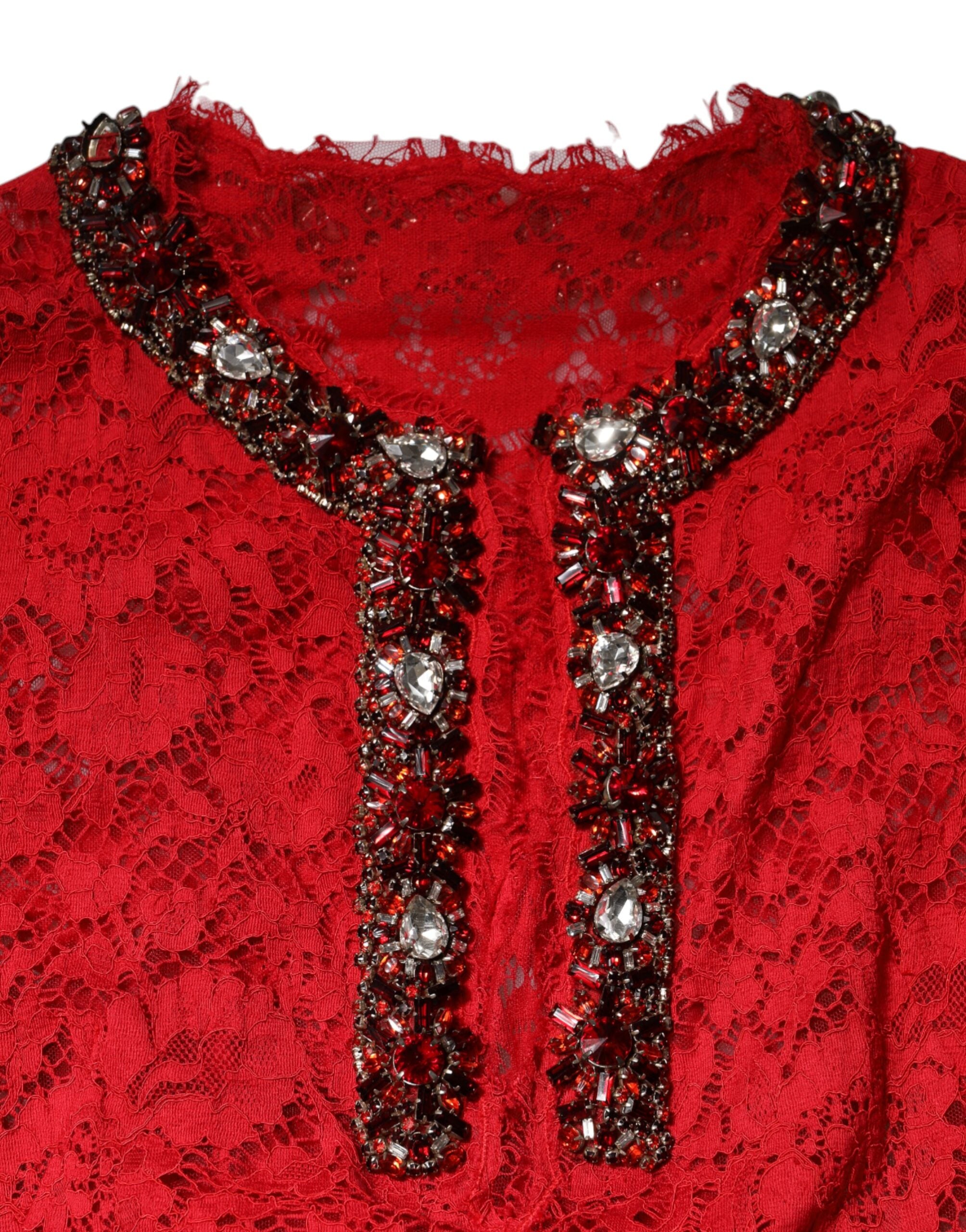 Rochie Dolce & Gabbana roșie cu dantelă florală și strasuri