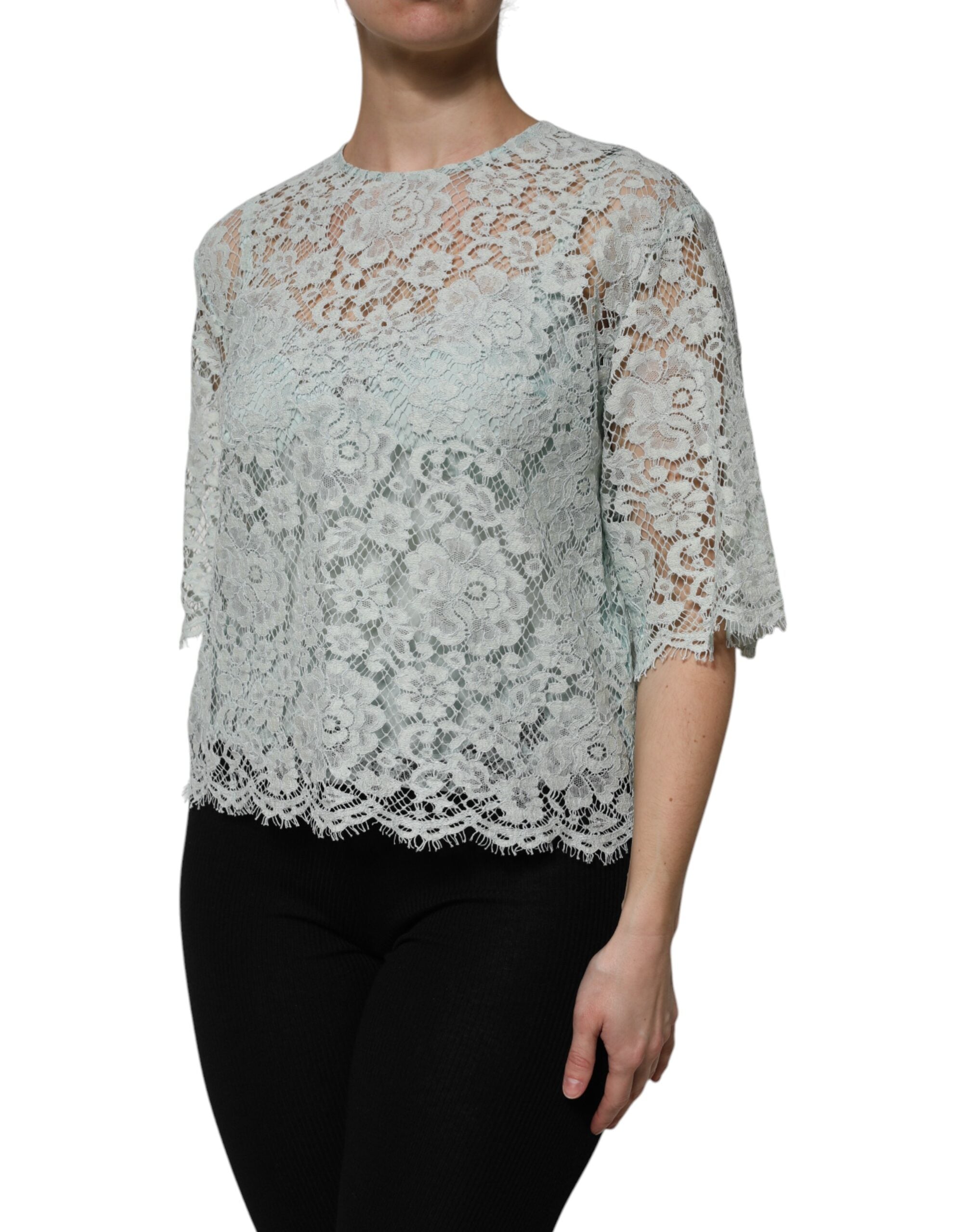 Dolce & Gabbana – Mintgrünes Baumwollblusentop mit Blumenspitze