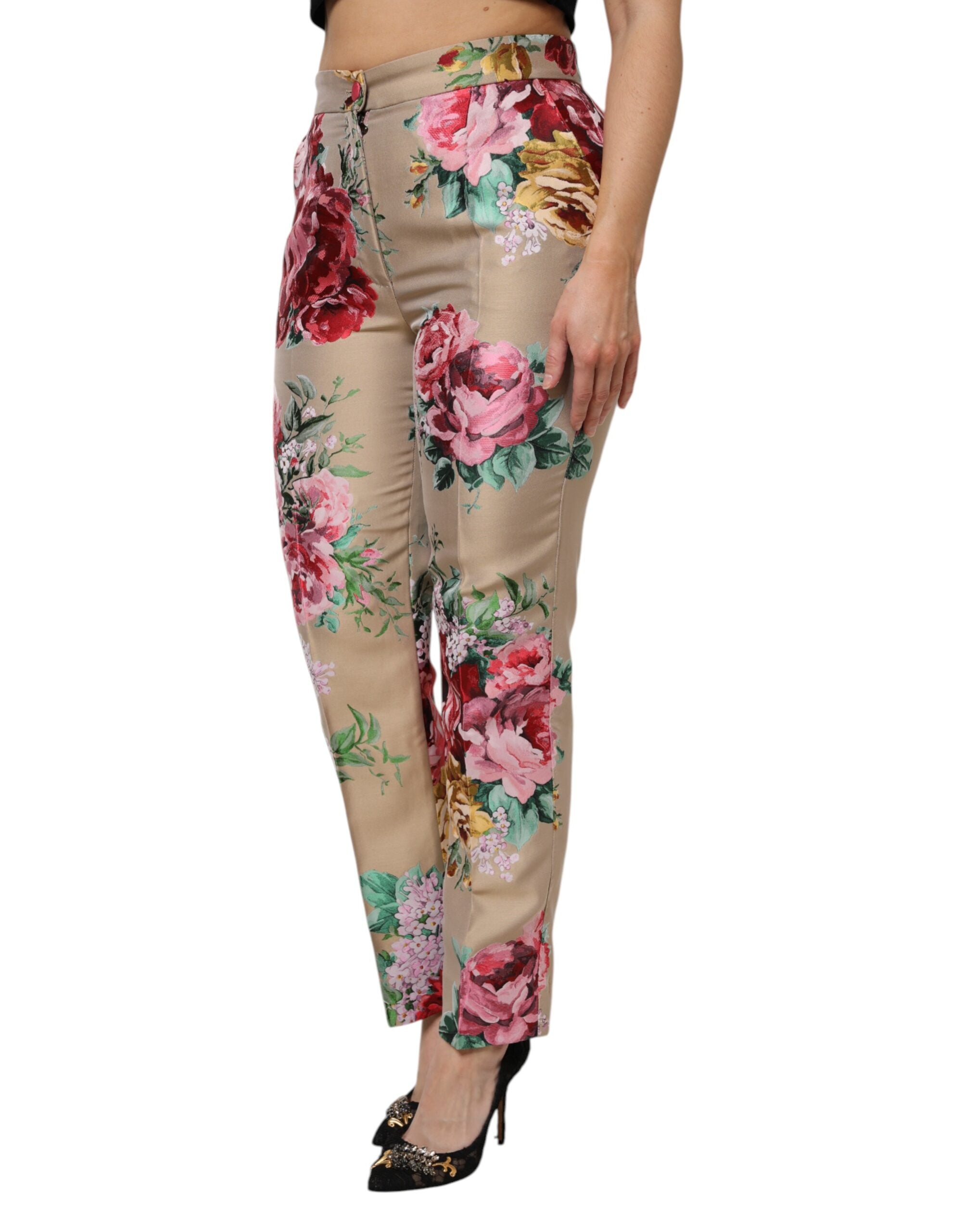 Dolce & Gabbana Beige Damenhose mit Blumenmuster und hoher Taille