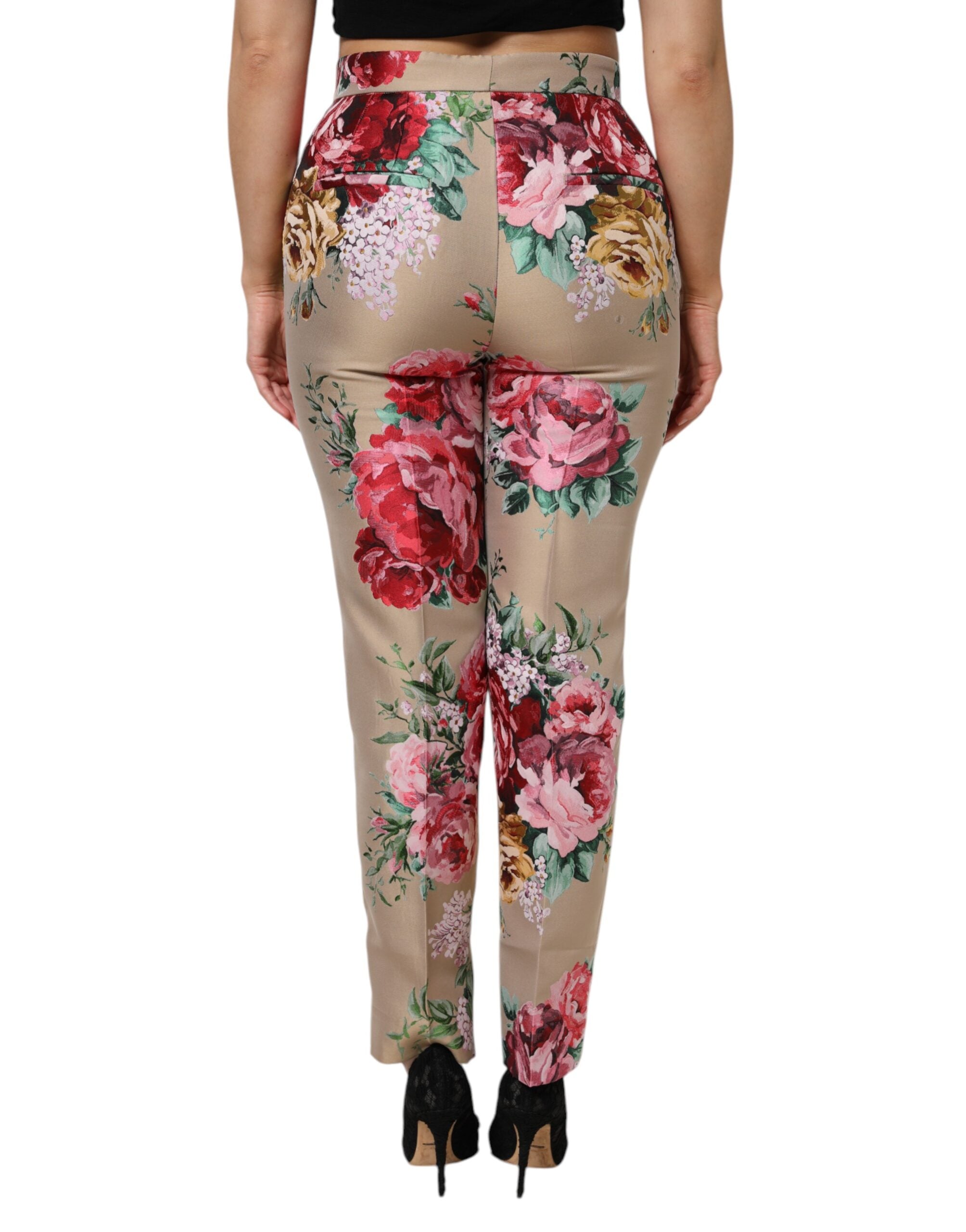 Dolce & Gabbana Beige Damenhose mit Blumenmuster und hoher Taille