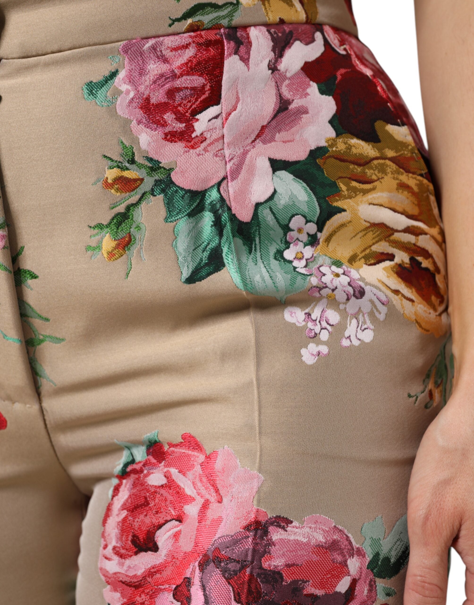 Dolce & Gabbana Beige Damenhose mit Blumenmuster und hoher Taille