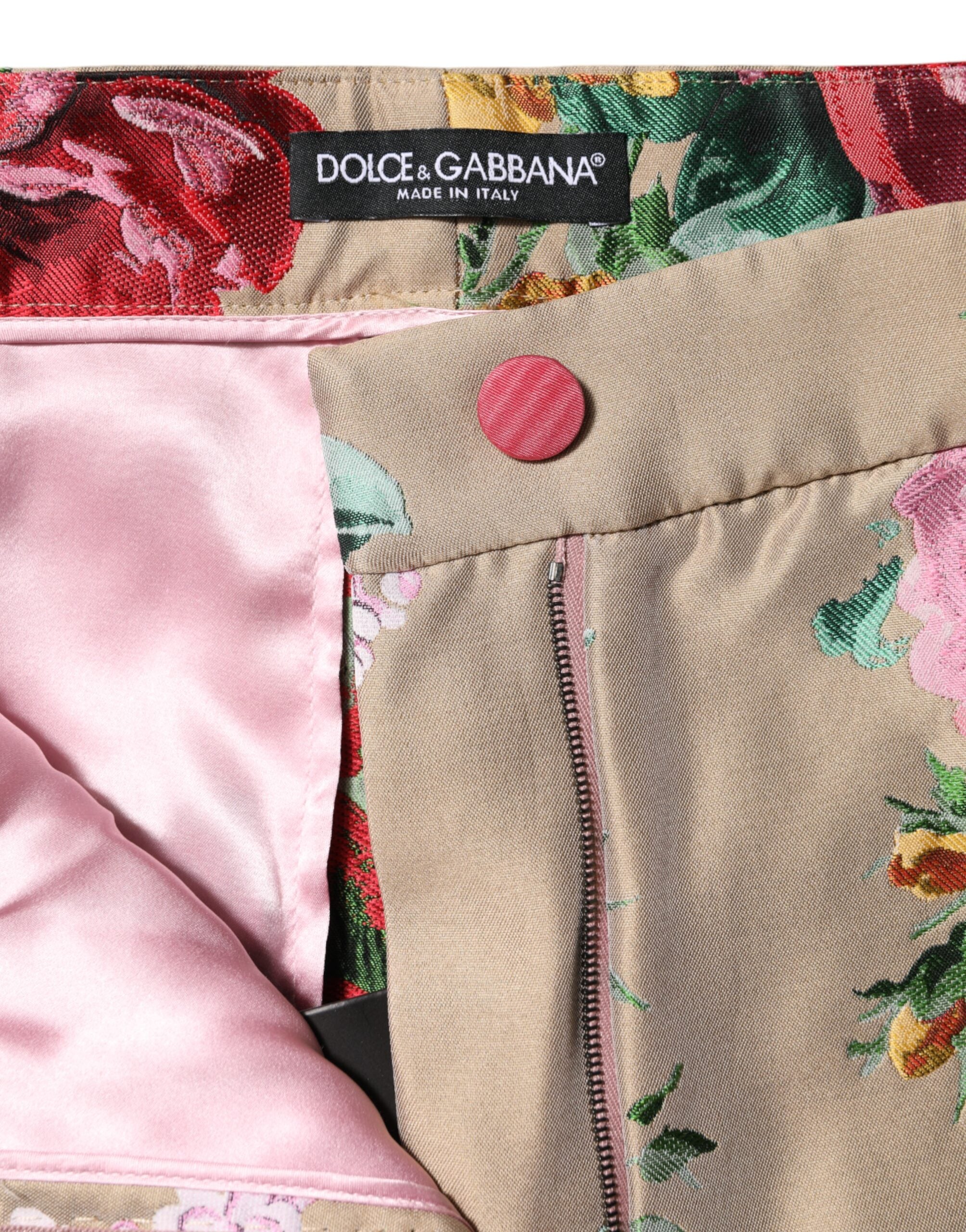 Dolce & Gabbana Beige Damenhose mit Blumenmuster und hoher Taille