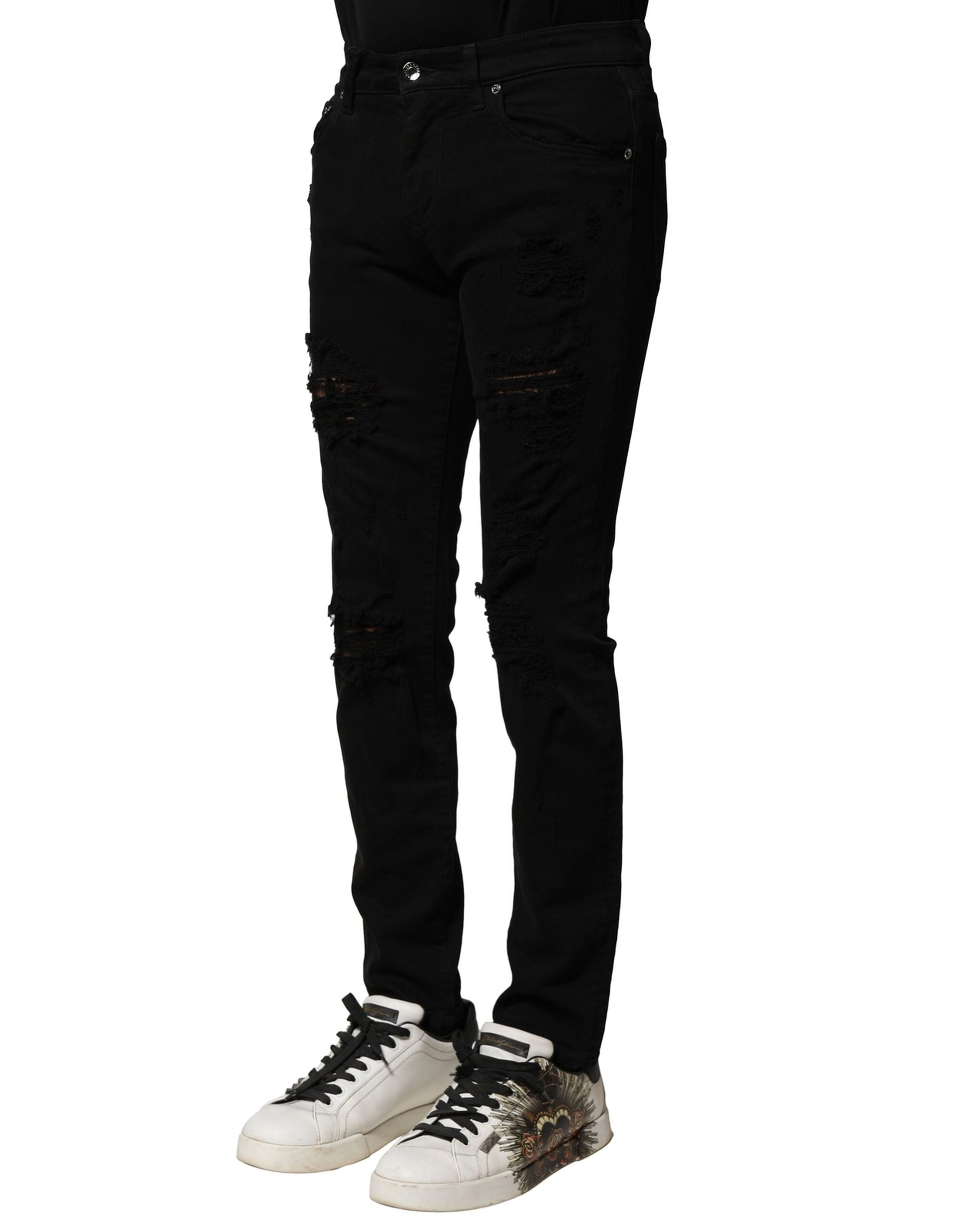 Dolce & Gabbana Black Cotton Logo Plaque Slim Denim Jeans