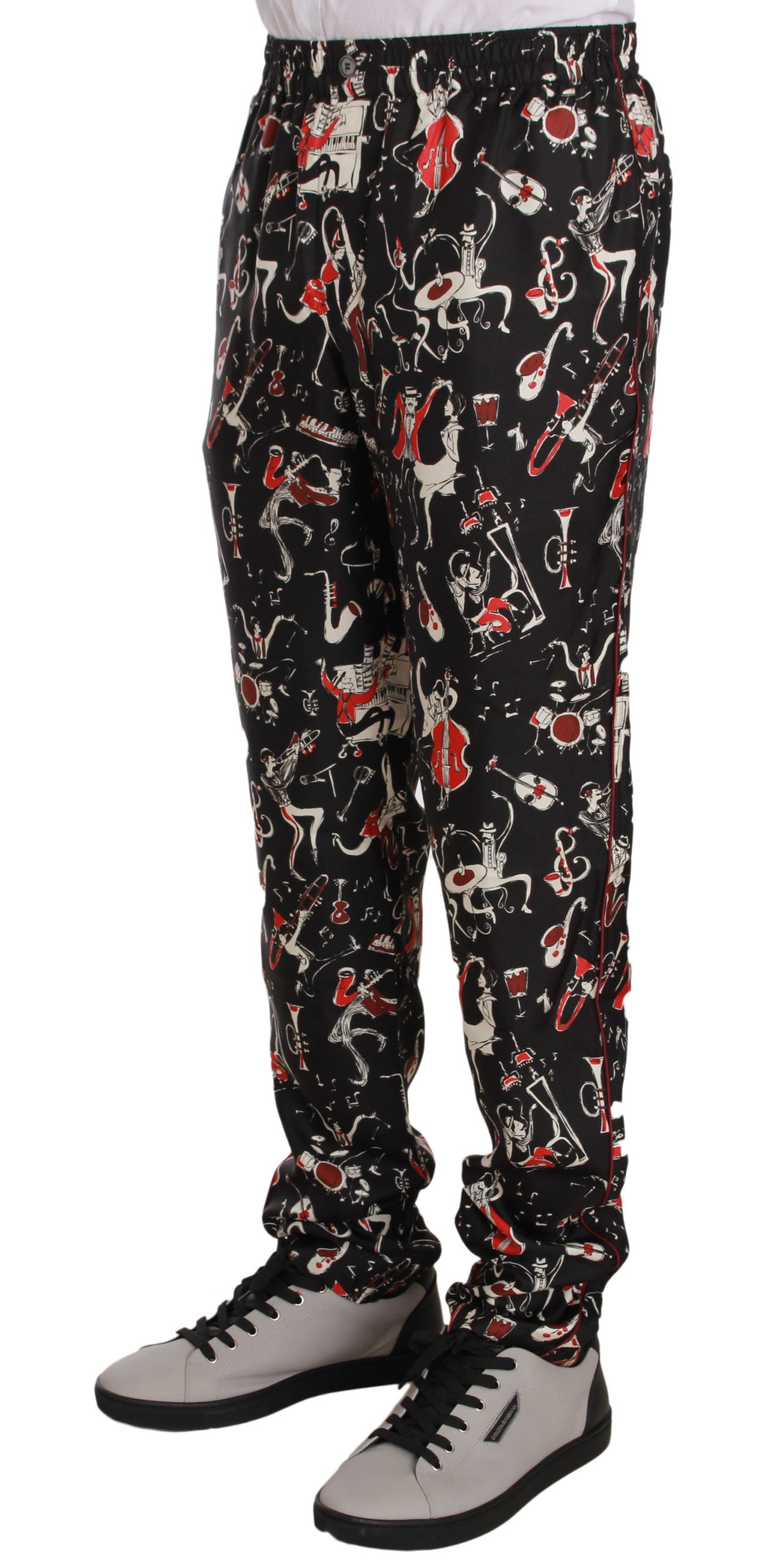 Dolce & Gabbana Pantaloni de casă eleganți din mătase neagră cu imprimeu roșu