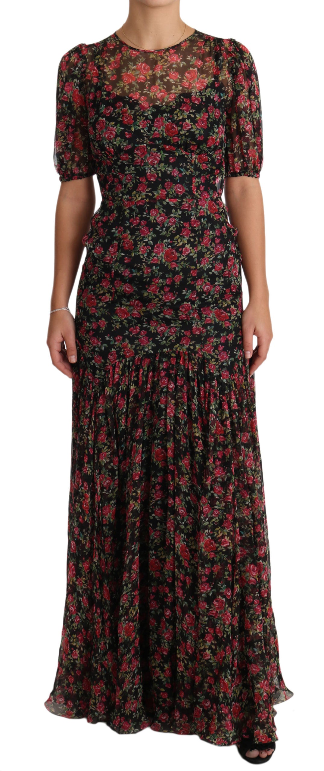 Dolce & Gabbana – Elegantes schwarzes A-Linien-Kleid aus Seide mit Blumenmuster