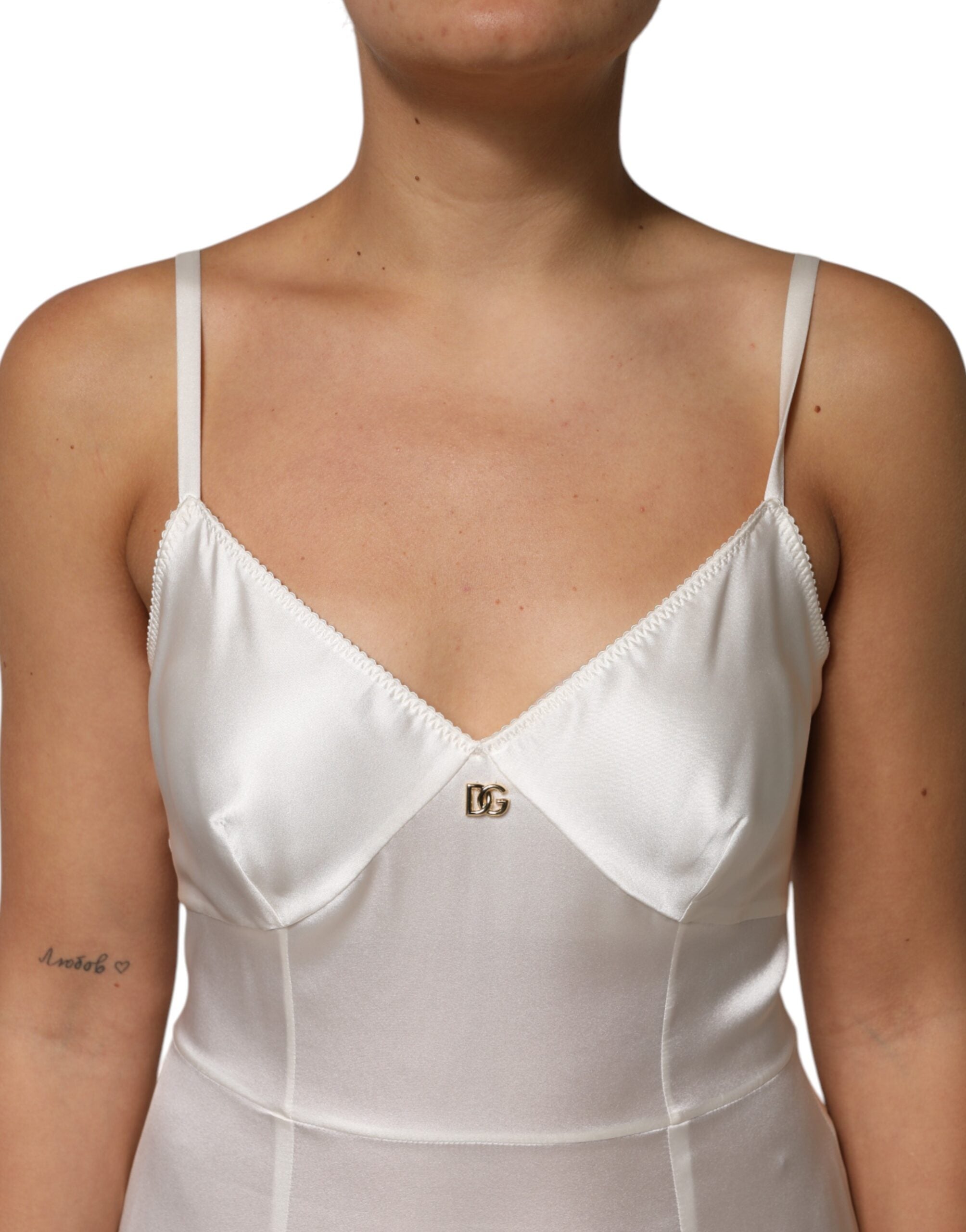 Dolce & Gabbana White DG Logo Full Slip Silk Dress Sleepwear