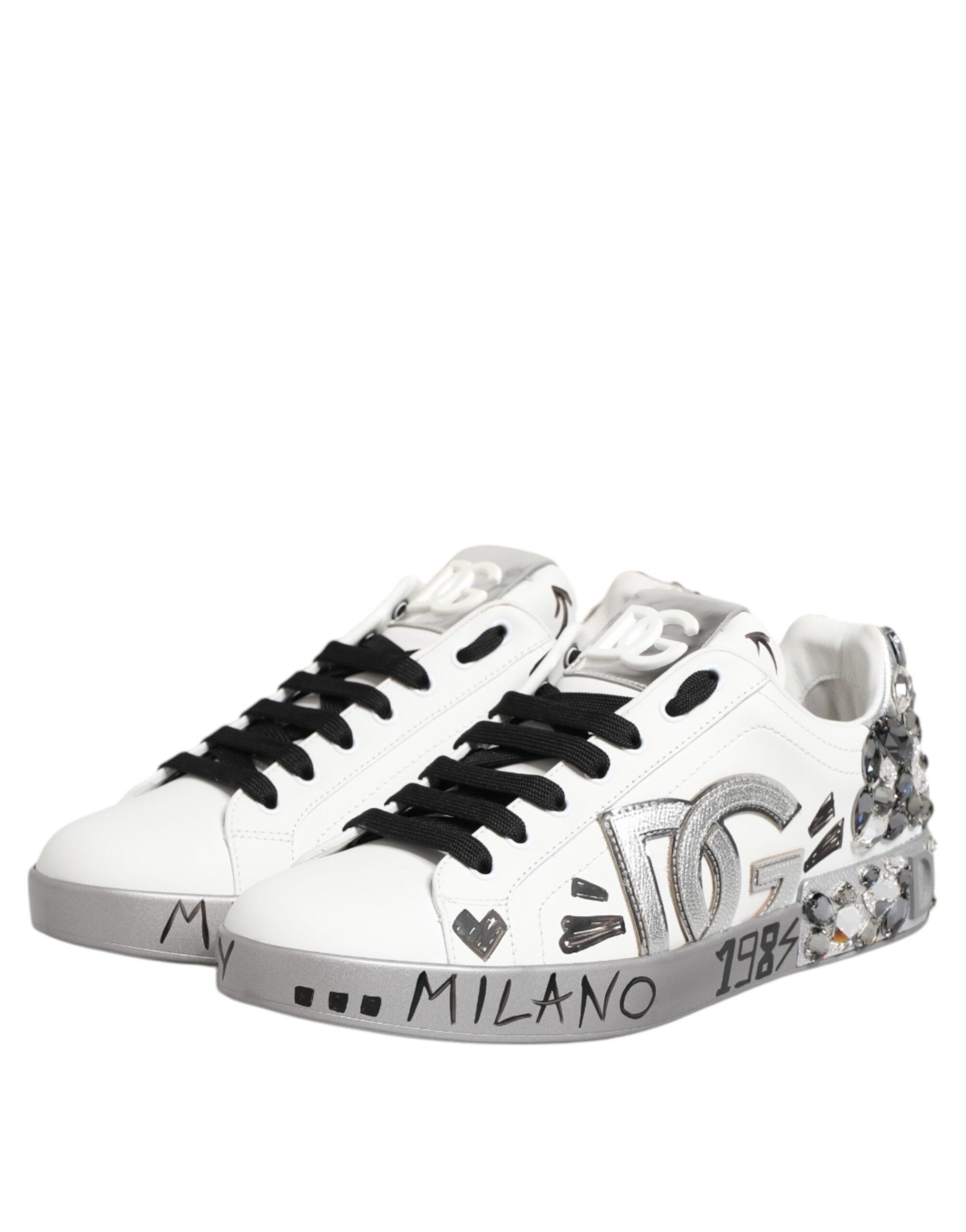 Dolce & Gabbana White Leather Crystal Portofino Sneakers Shoes