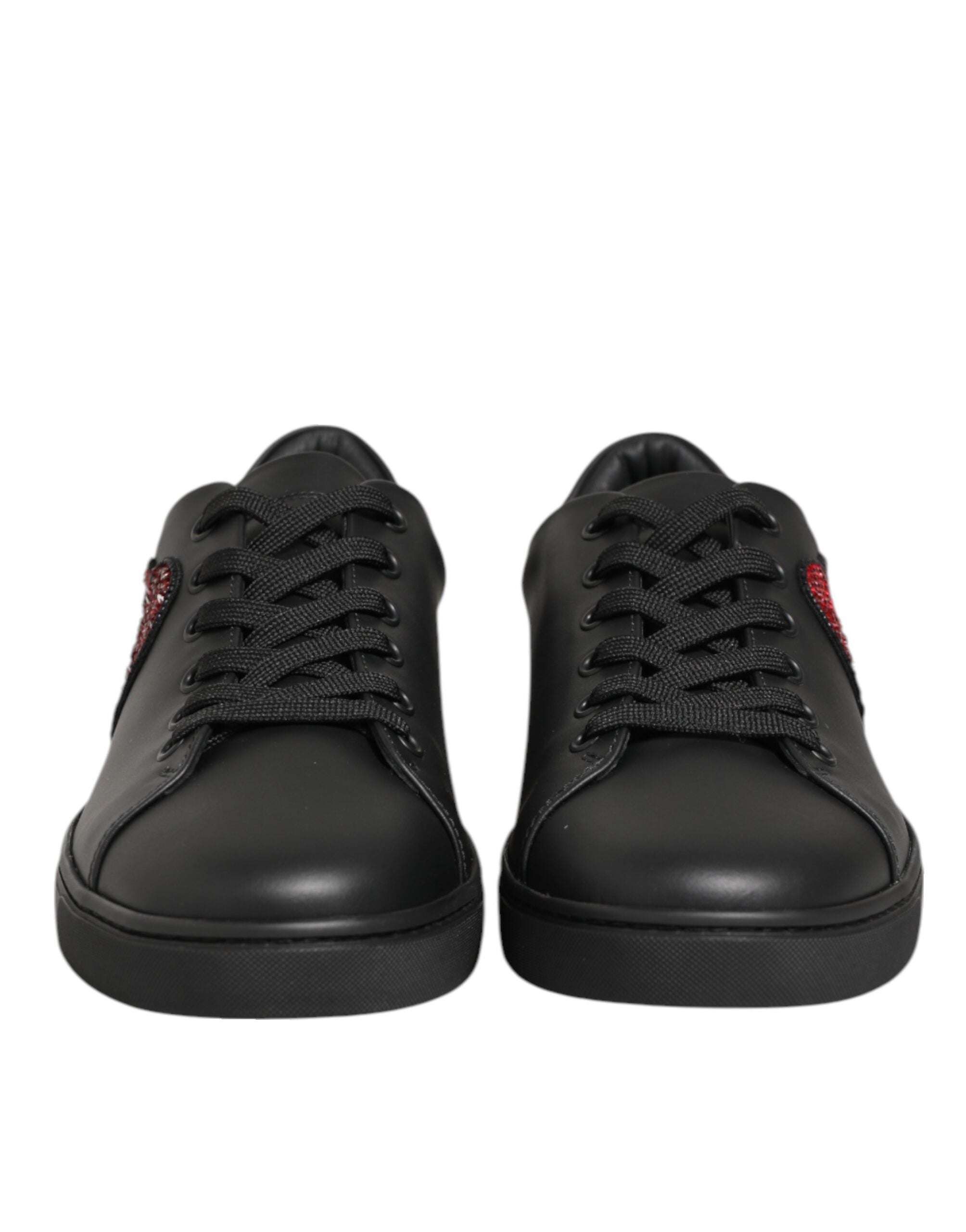 Dolce & Gabbana Black Leather Crystal Heart Sneakers Shoes