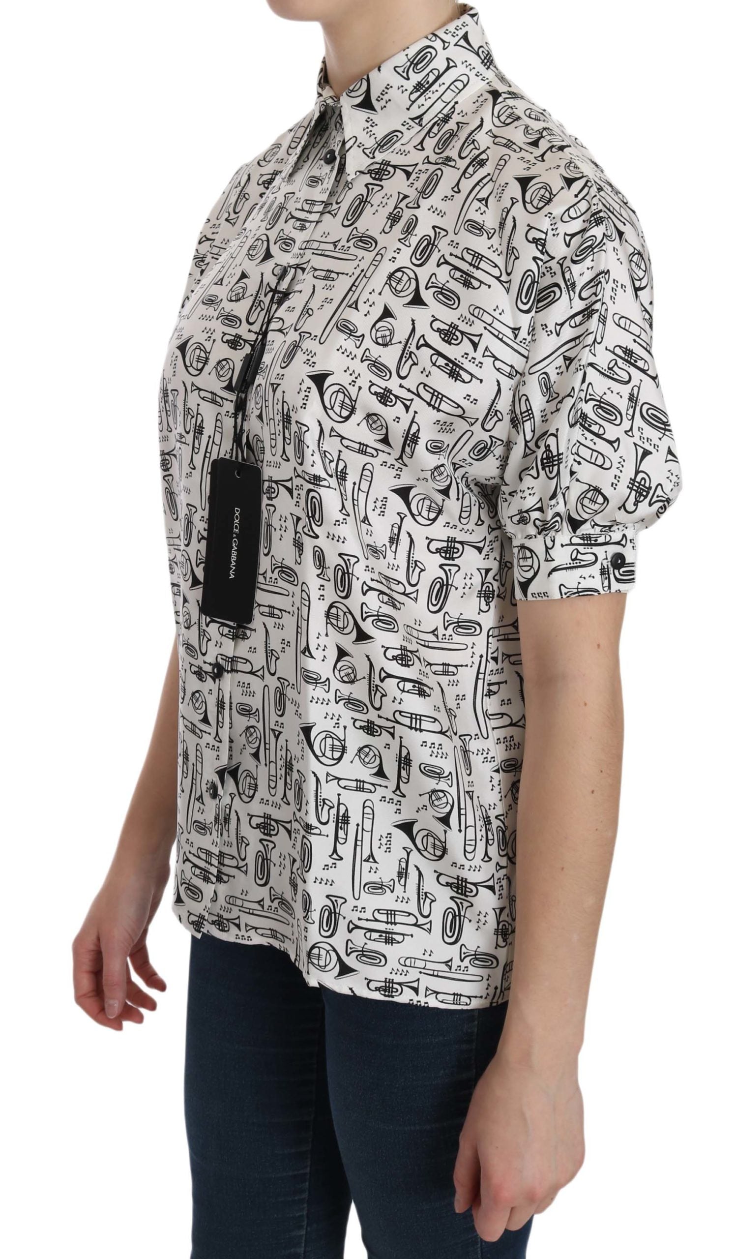 Dolce &amp; Gabbana Seidenoberteil mit Kragen und Musikinstrumenten-Print