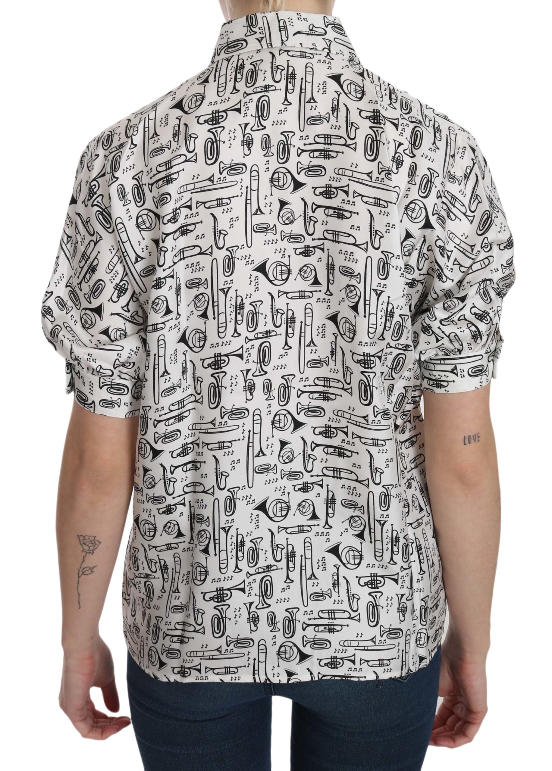 Dolce &amp; Gabbana Seidenoberteil mit Kragen und Musikinstrumenten-Print