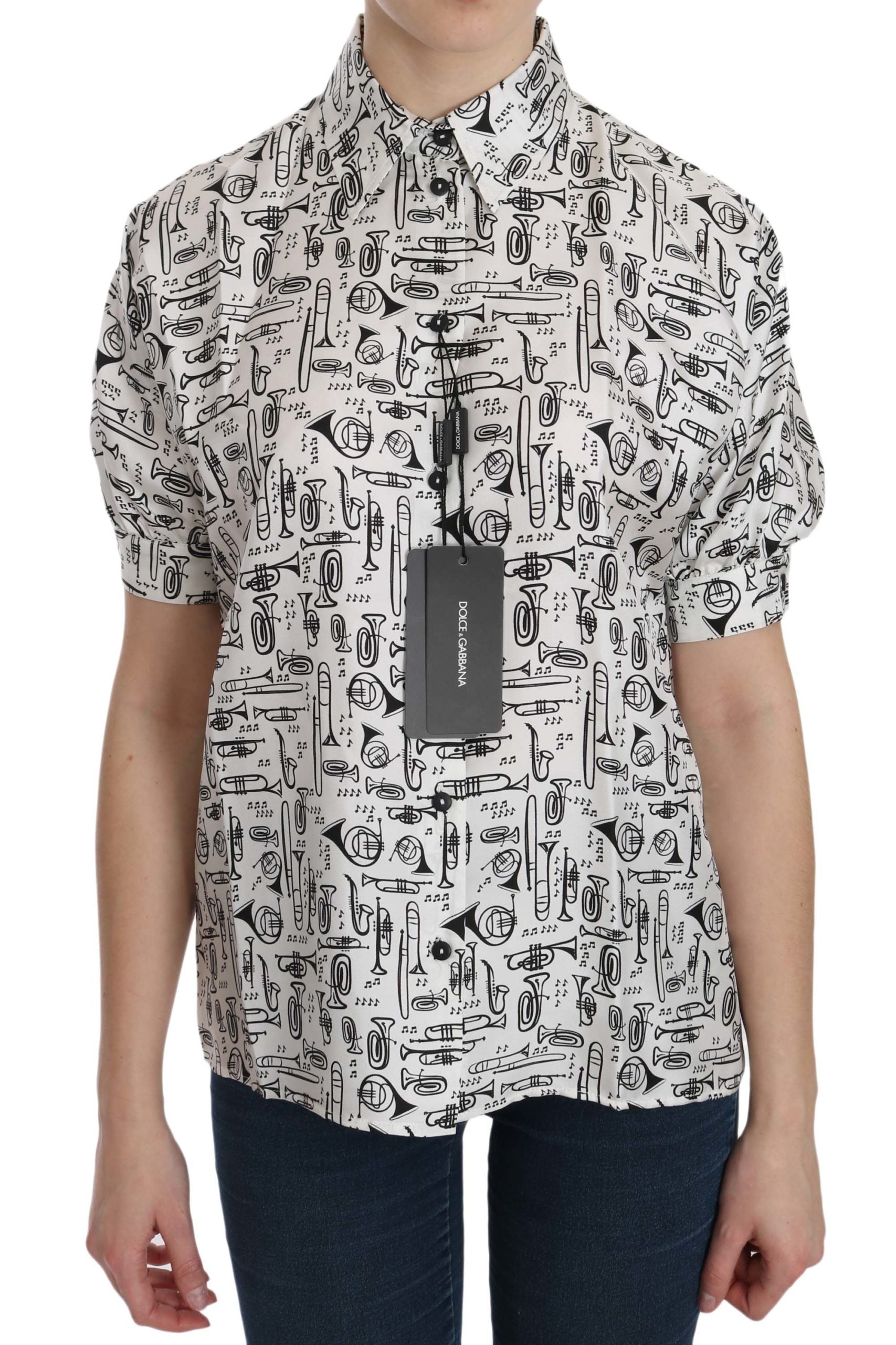 Dolce &amp; Gabbana Seidenoberteil mit Kragen und Musikinstrumenten-Print