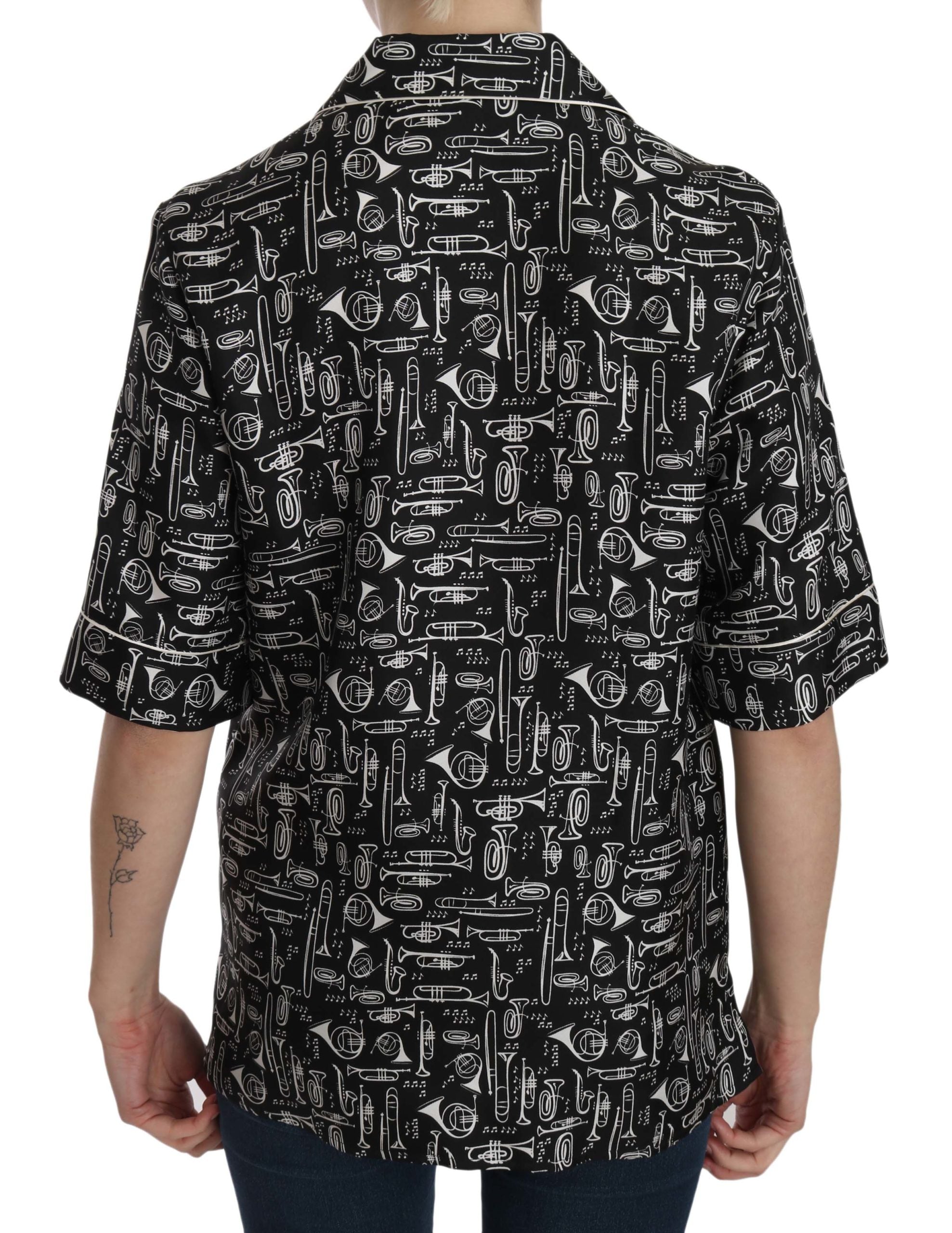 Dolce &amp; Gabbana Seidenoberteil mit Kragen und Musikinstrumenten