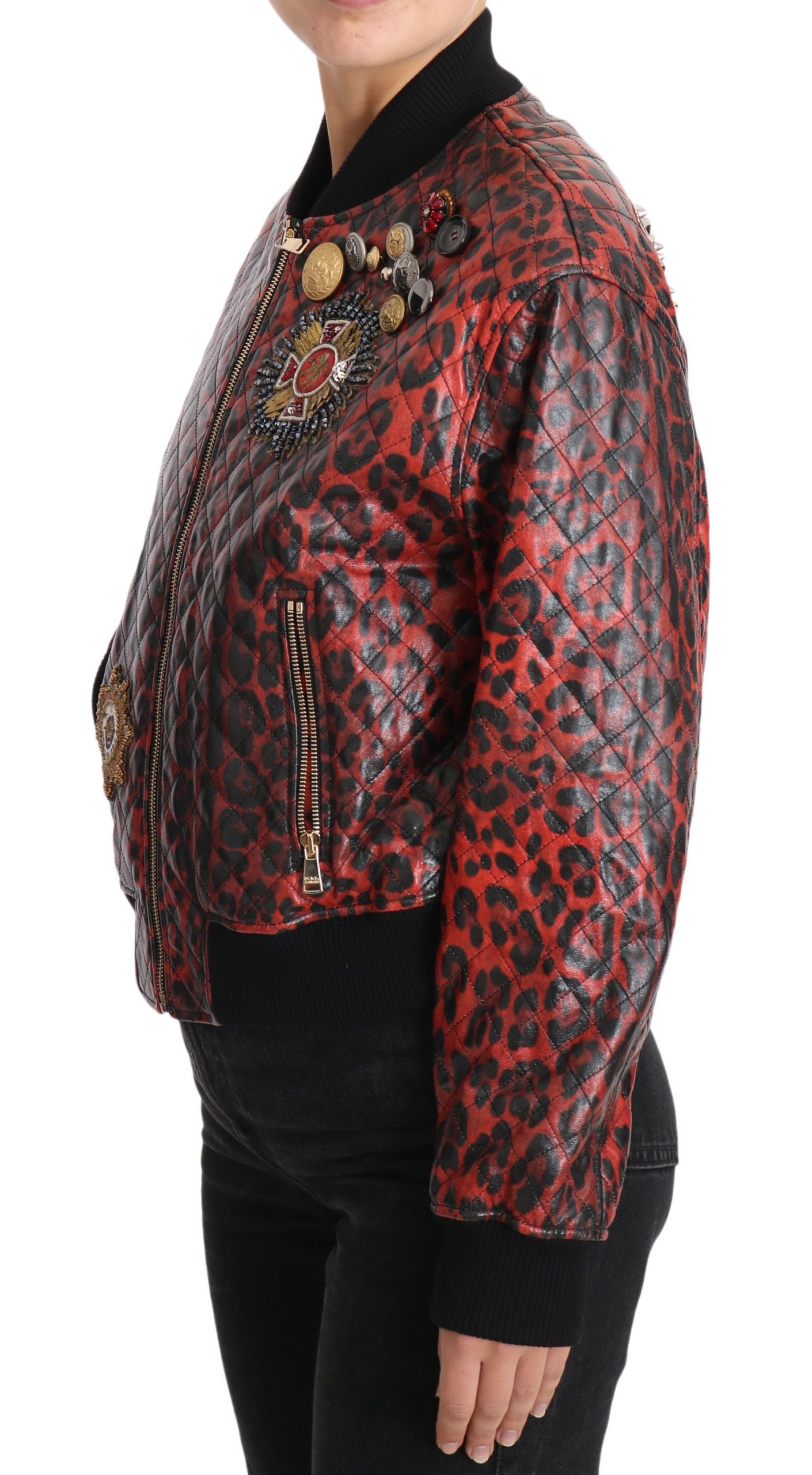 Dolce &amp; Gabbana – Rote Bomberjacke aus Leder mit Leopardenmuster und Kristallknöpfen