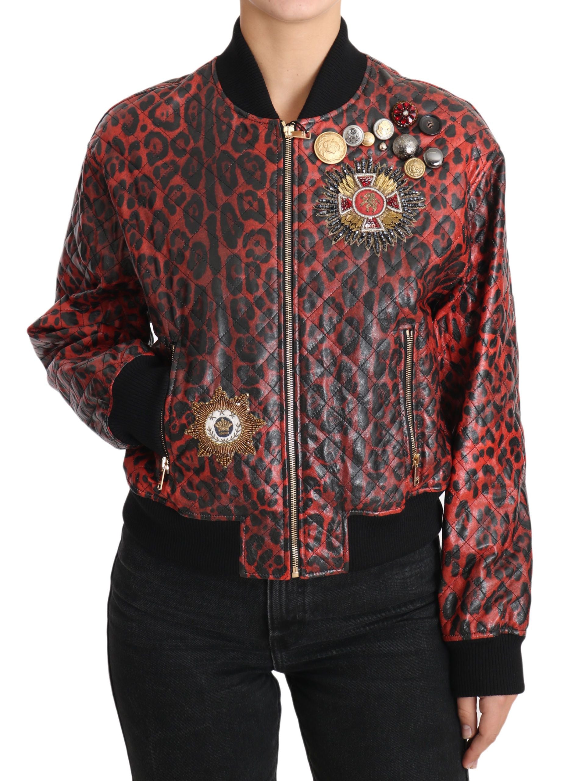 Dolce &amp; Gabbana – Rote Bomberjacke aus Leder mit Leopardenmuster und Kristallknöpfen