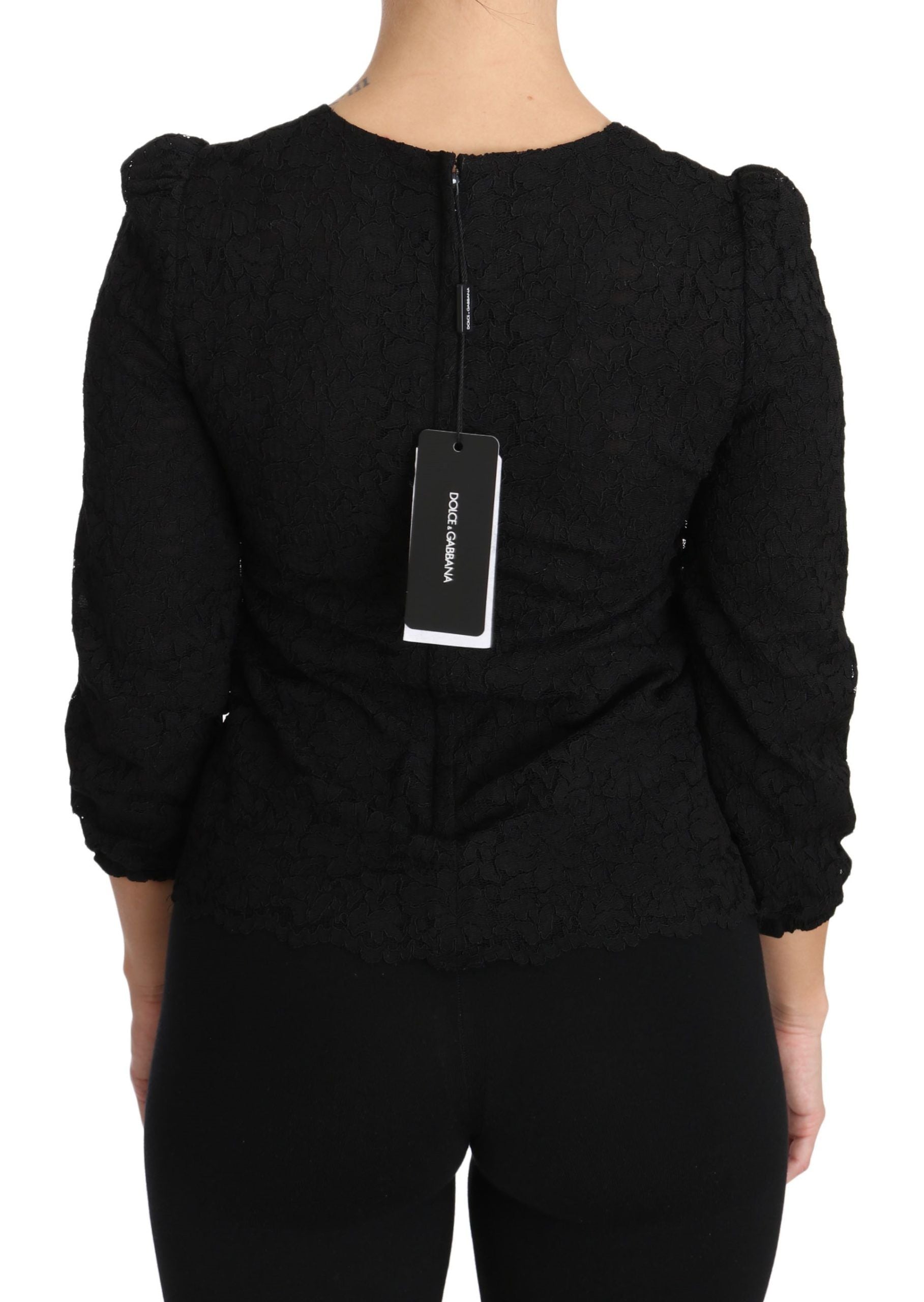 Dolce &amp; Gabbana Elegante schwarze Bluse mit Rundhalsausschnitt und Blumenmuster