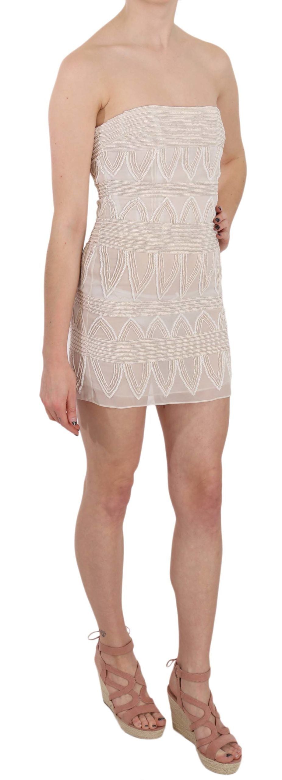 John Richmond – Schickes, beiges Minikleid aus Seide mit Verzierung
