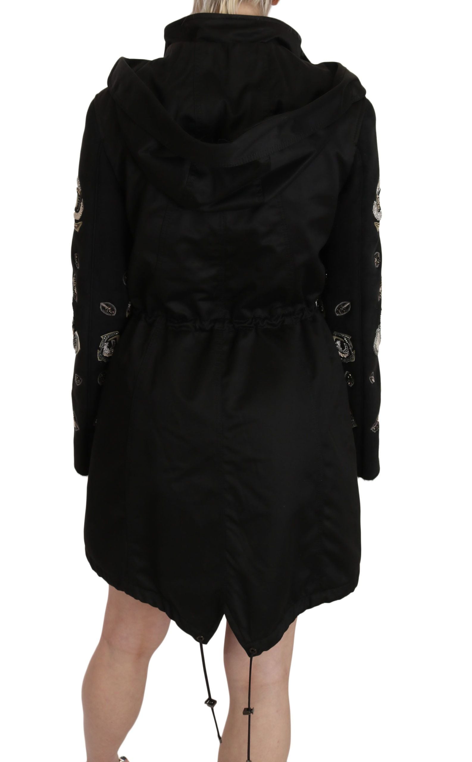 John Richmond – Elegante schwarze Parkajacke mit Perlenbesatz für Damen