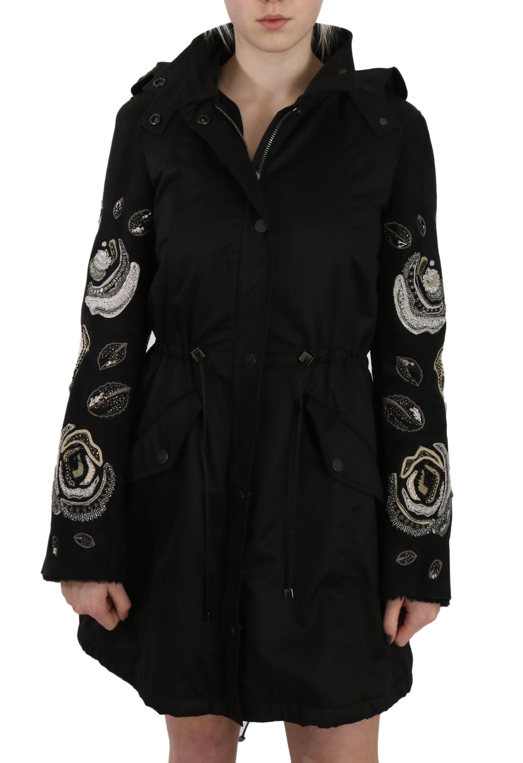 John Richmond – Elegante schwarze Parkajacke mit Perlenbesatz für Damen