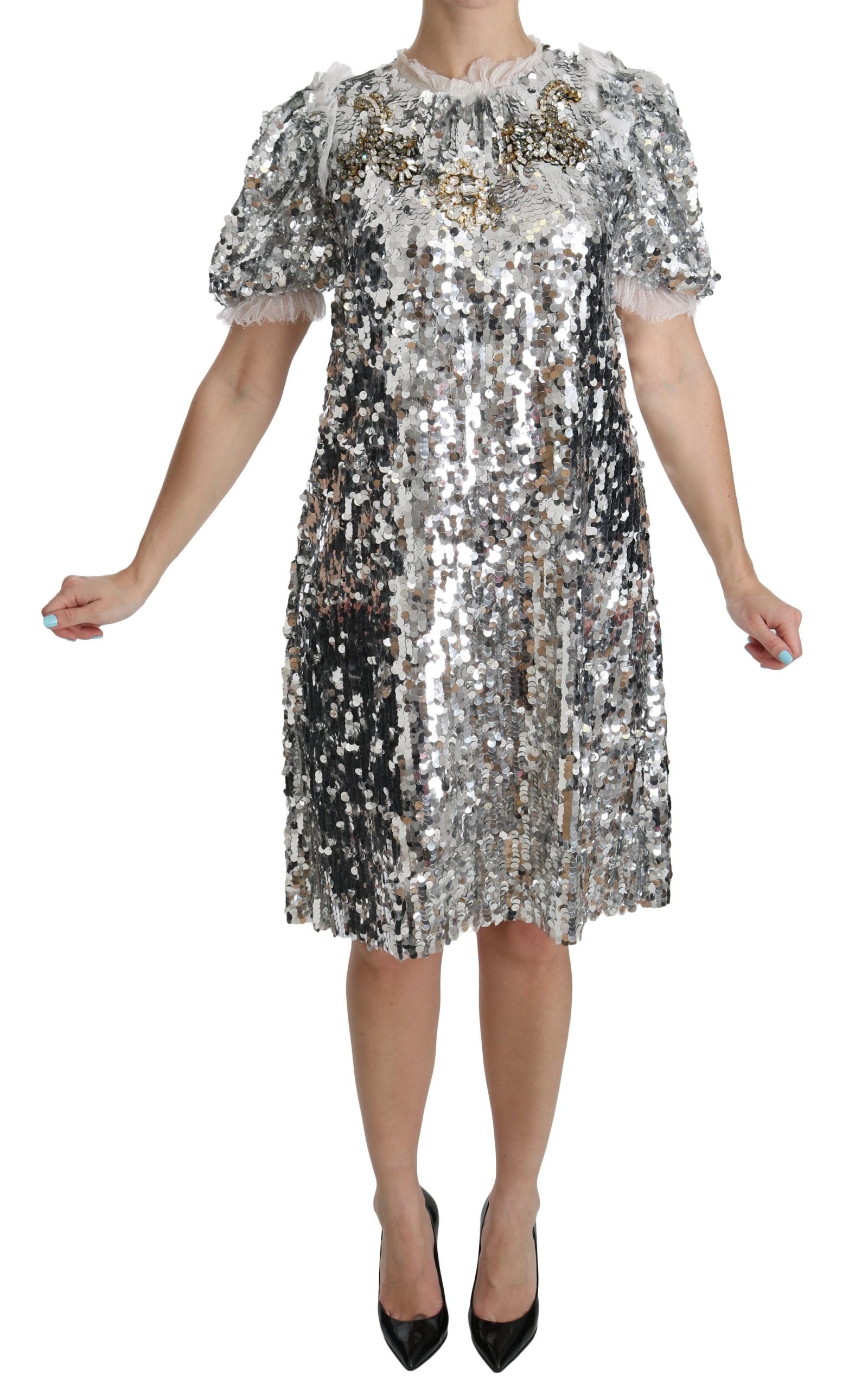 Dolce &amp; Gabbana Elegantes silbernes A-Linien-Kleid mit Kristallakzenten