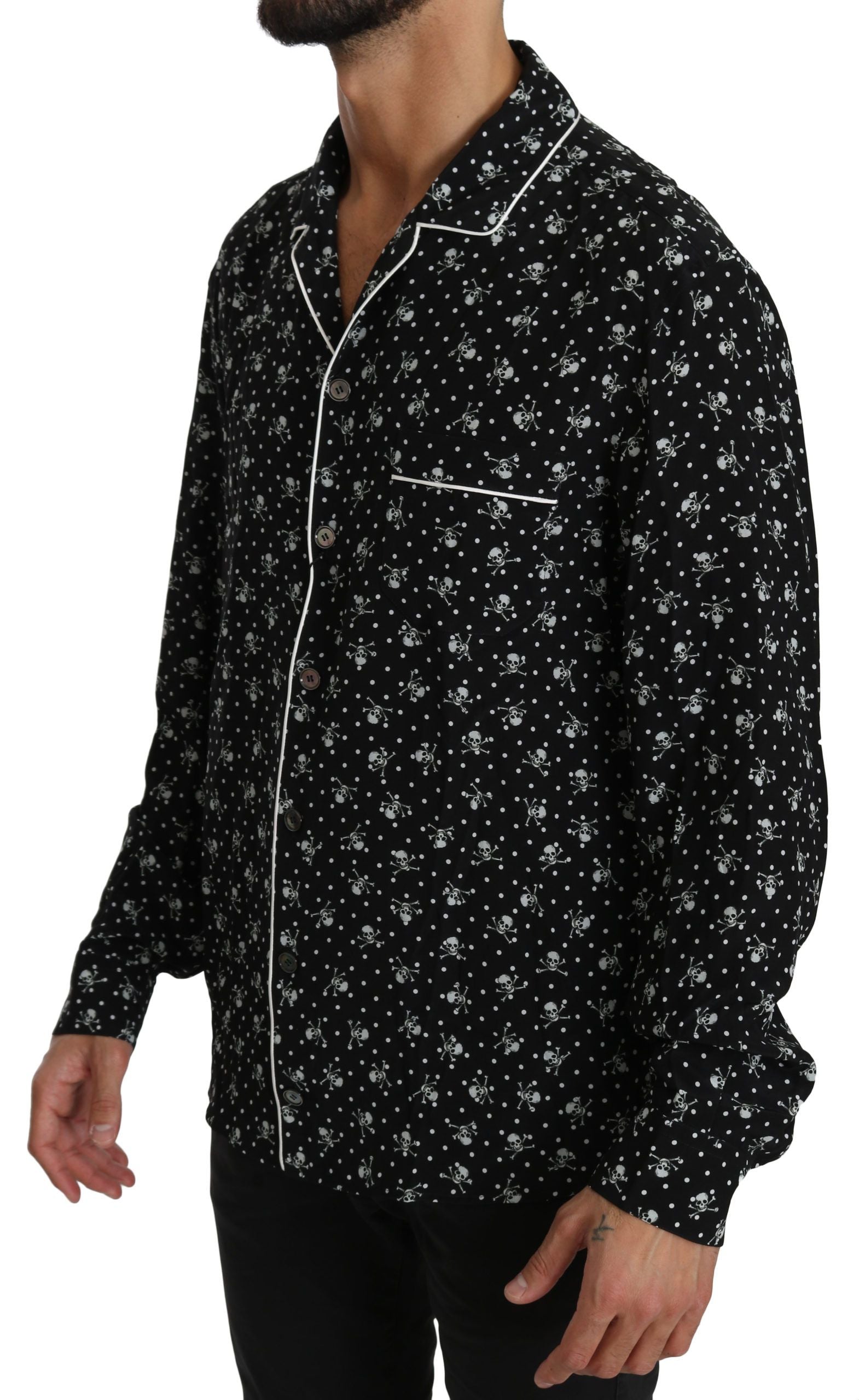 Dolce &amp; Gabbana Elegantes Pyjama-Shirt aus Seide mit Totenkopf-Print