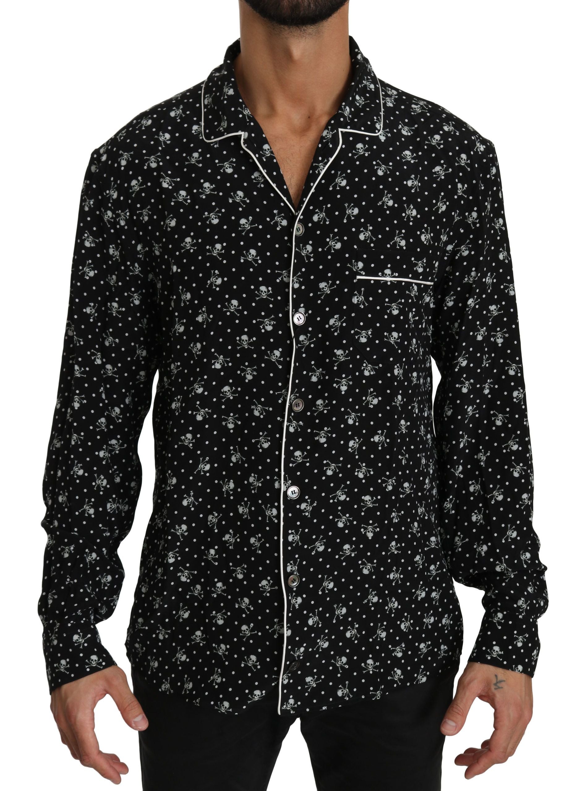 Dolce &amp; Gabbana Elegantes Pyjama-Shirt aus Seide mit Totenkopf-Print