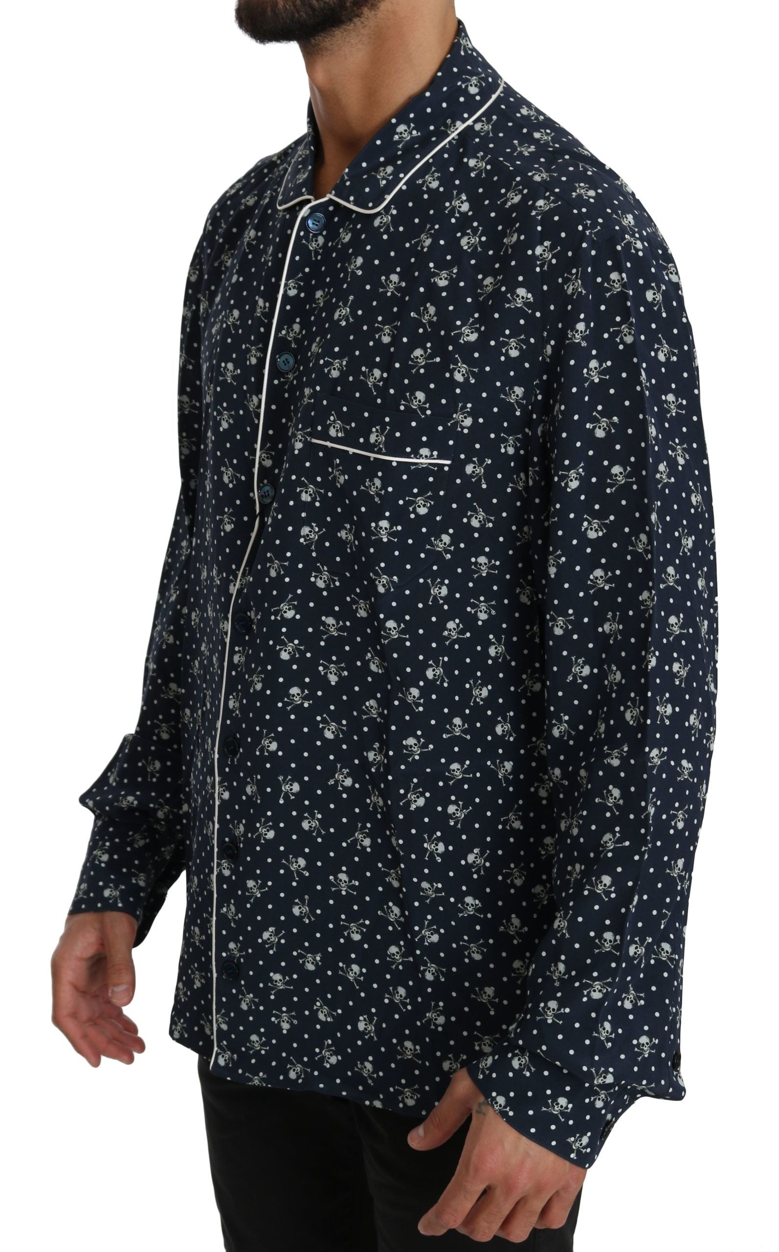 Dolce &amp; Gabbana Silken Elegance: Blaues Lounge-Shirt mit Totenkopf-Print