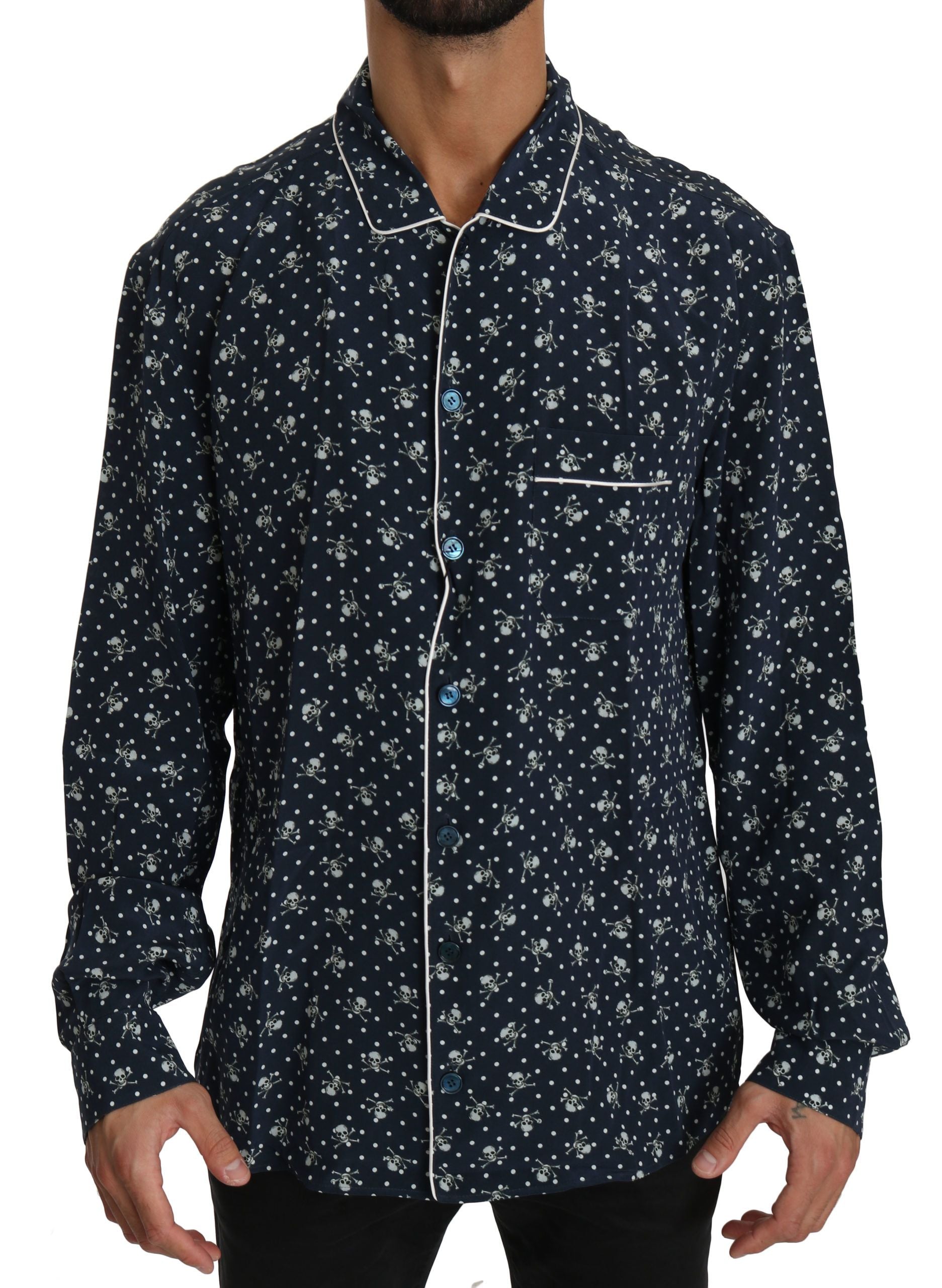Dolce &amp; Gabbana Silken Elegance: Blaues Lounge-Shirt mit Totenkopf-Print