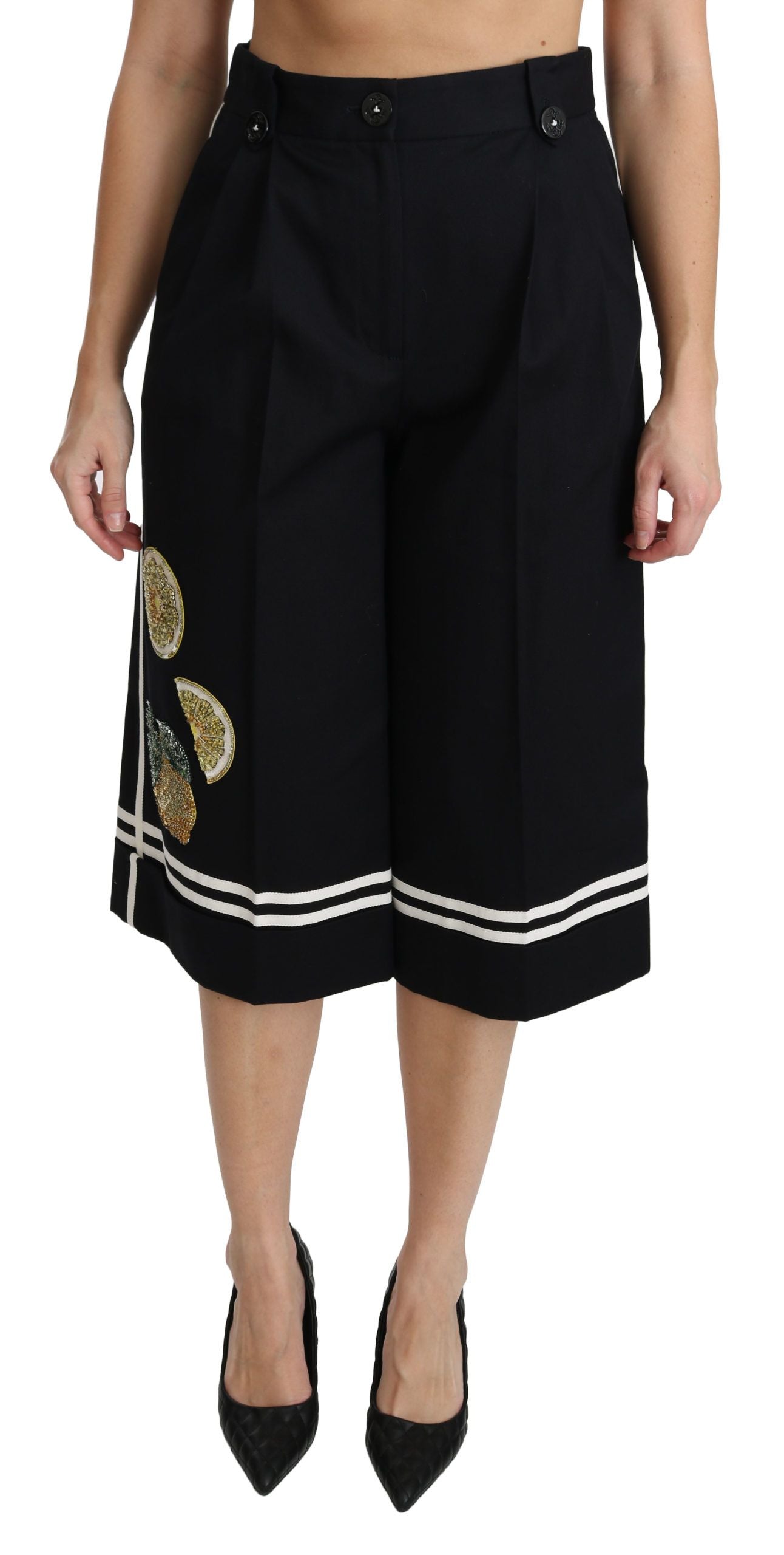 Dolce &amp; Gabbana – Palazzo-Hose mit hoher Taille und verkürzter Länge in Schwarz-Zitronengelb