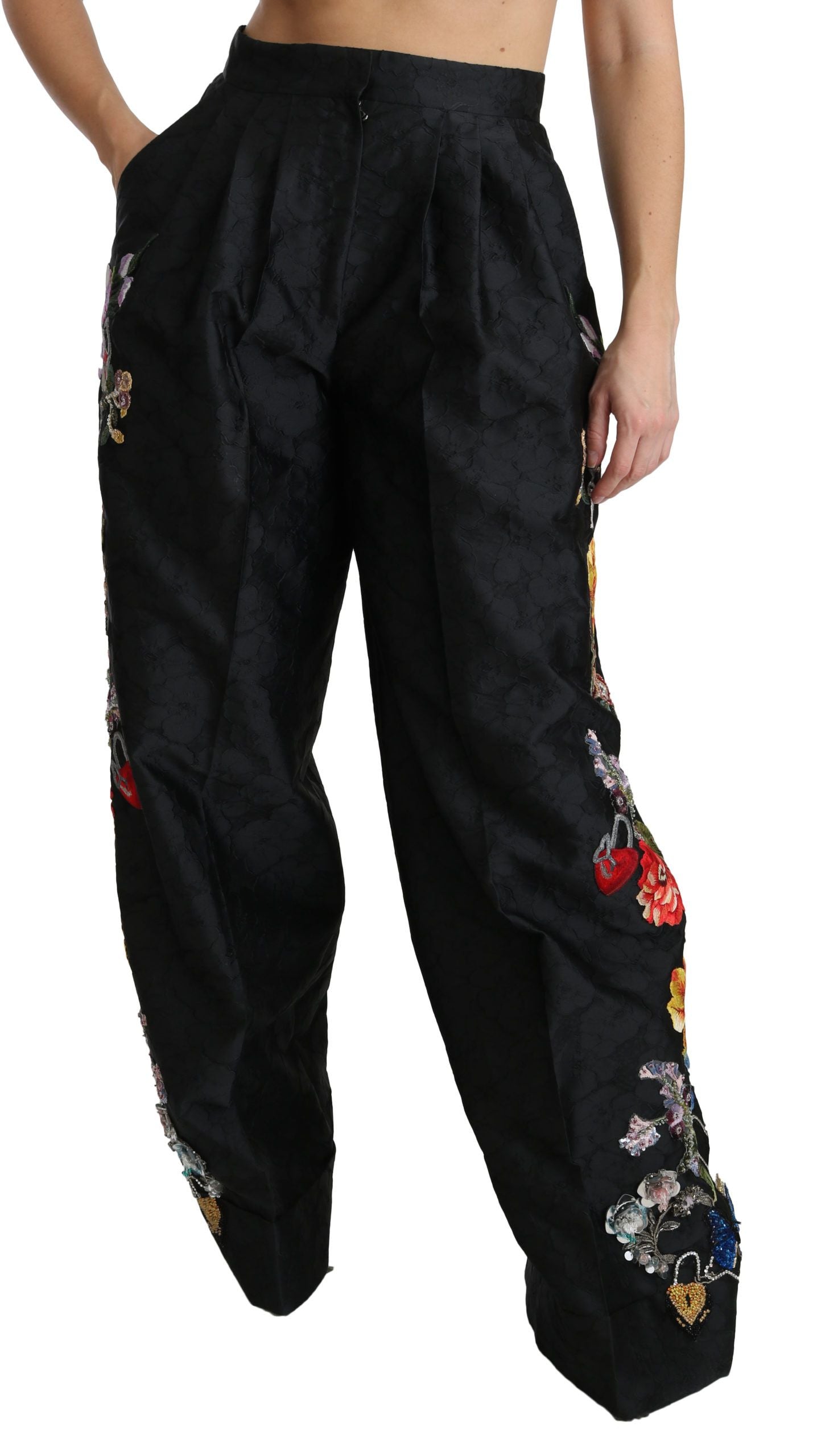 Dolce &amp; Gabbana – Elegante Hose mit Blumenmuster und hoher Taille und weitem Bein