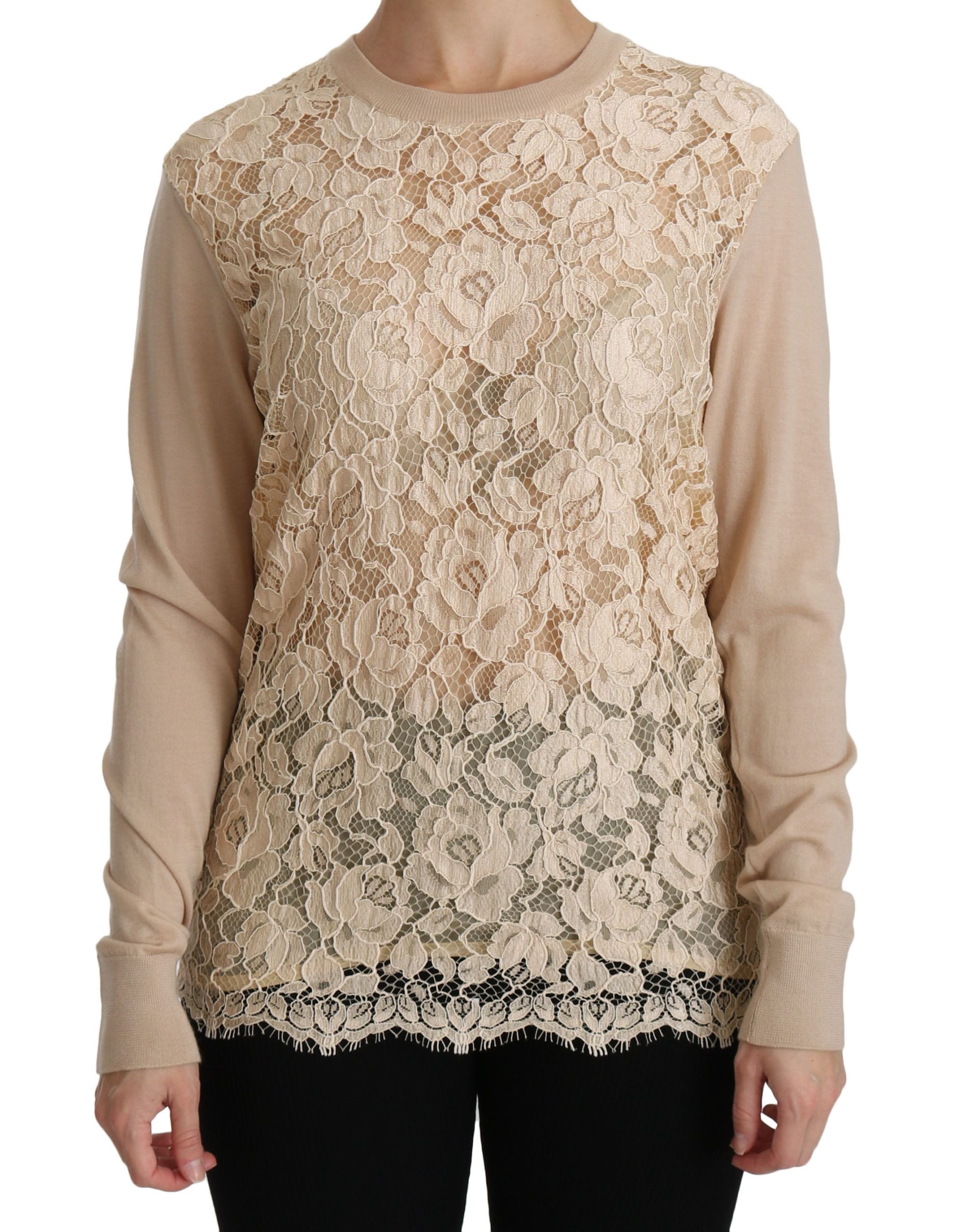 Dolce &amp; Gabbana – Elegante Kaschmirbluse mit Rundhalsausschnitt und Spitze in Beige