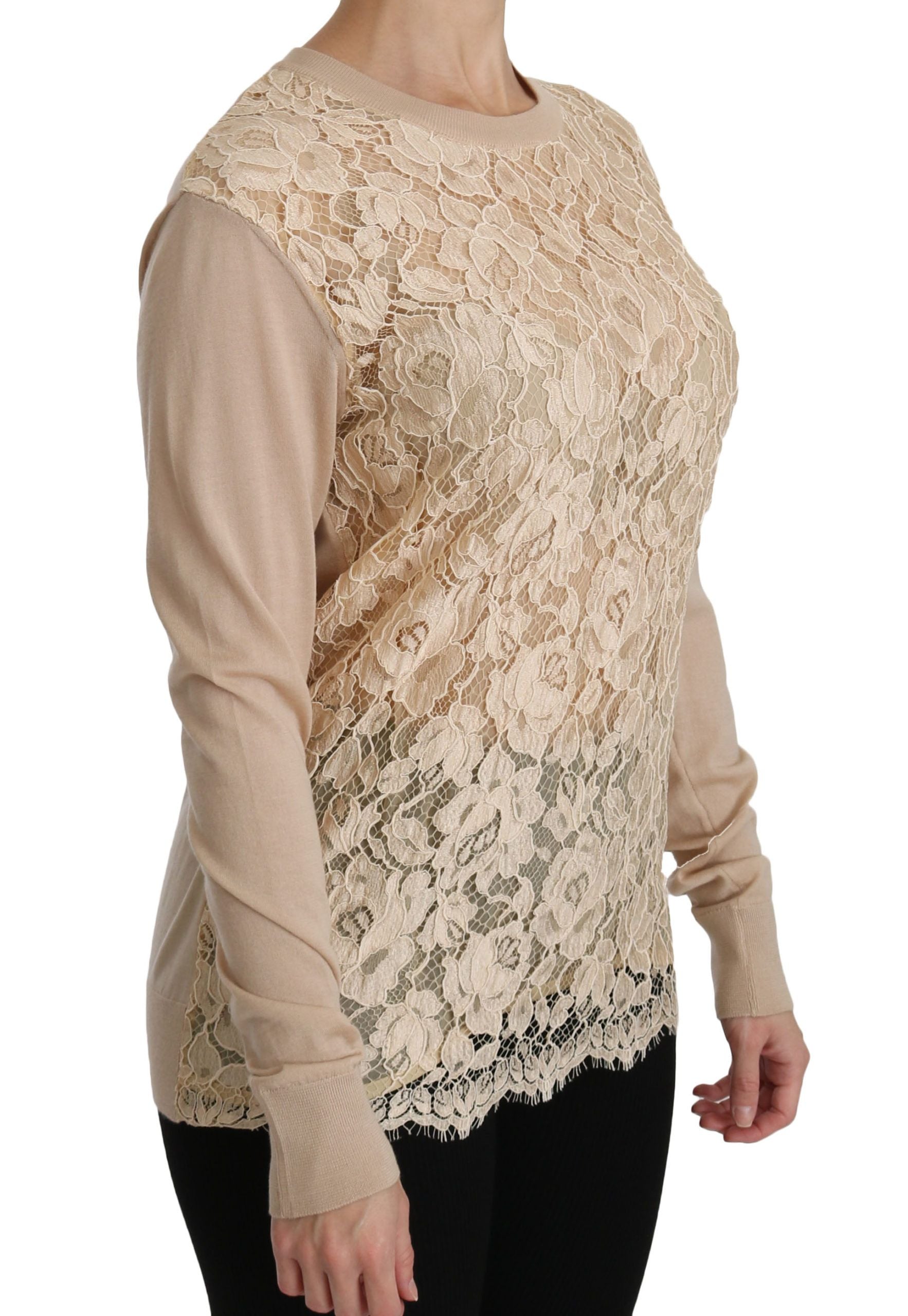 Dolce &amp; Gabbana – Elegante Kaschmirbluse mit Rundhalsausschnitt und Spitze in Beige