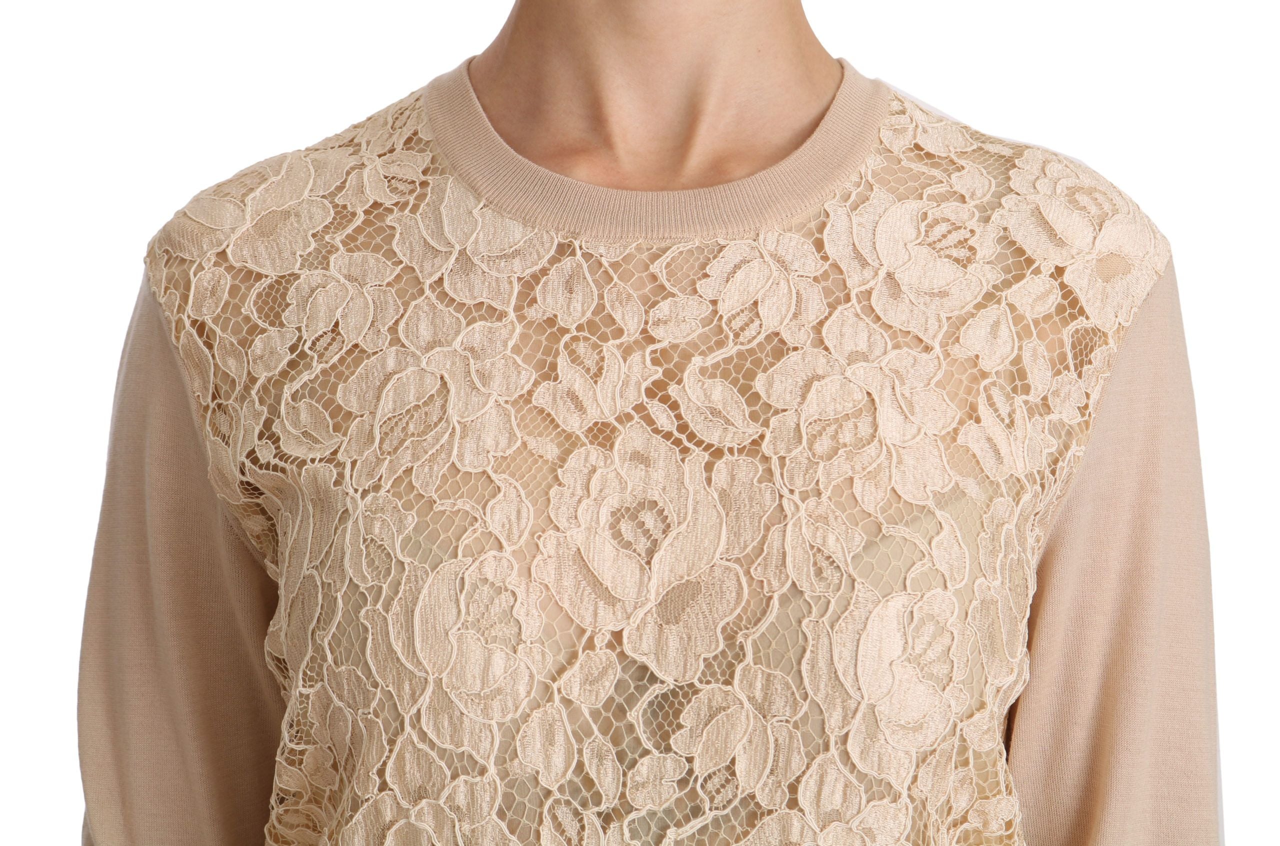 Dolce &amp; Gabbana – Elegante Kaschmirbluse mit Rundhalsausschnitt und Spitze in Beige