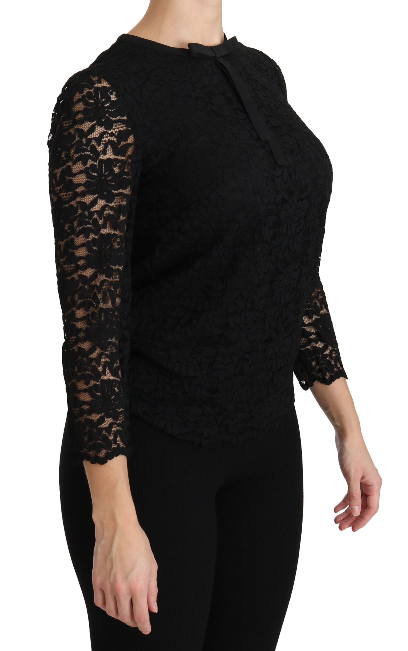 Dolce &amp; Gabbana Elegante schwarze Bluse mit Rundhalsausschnitt und Spitze