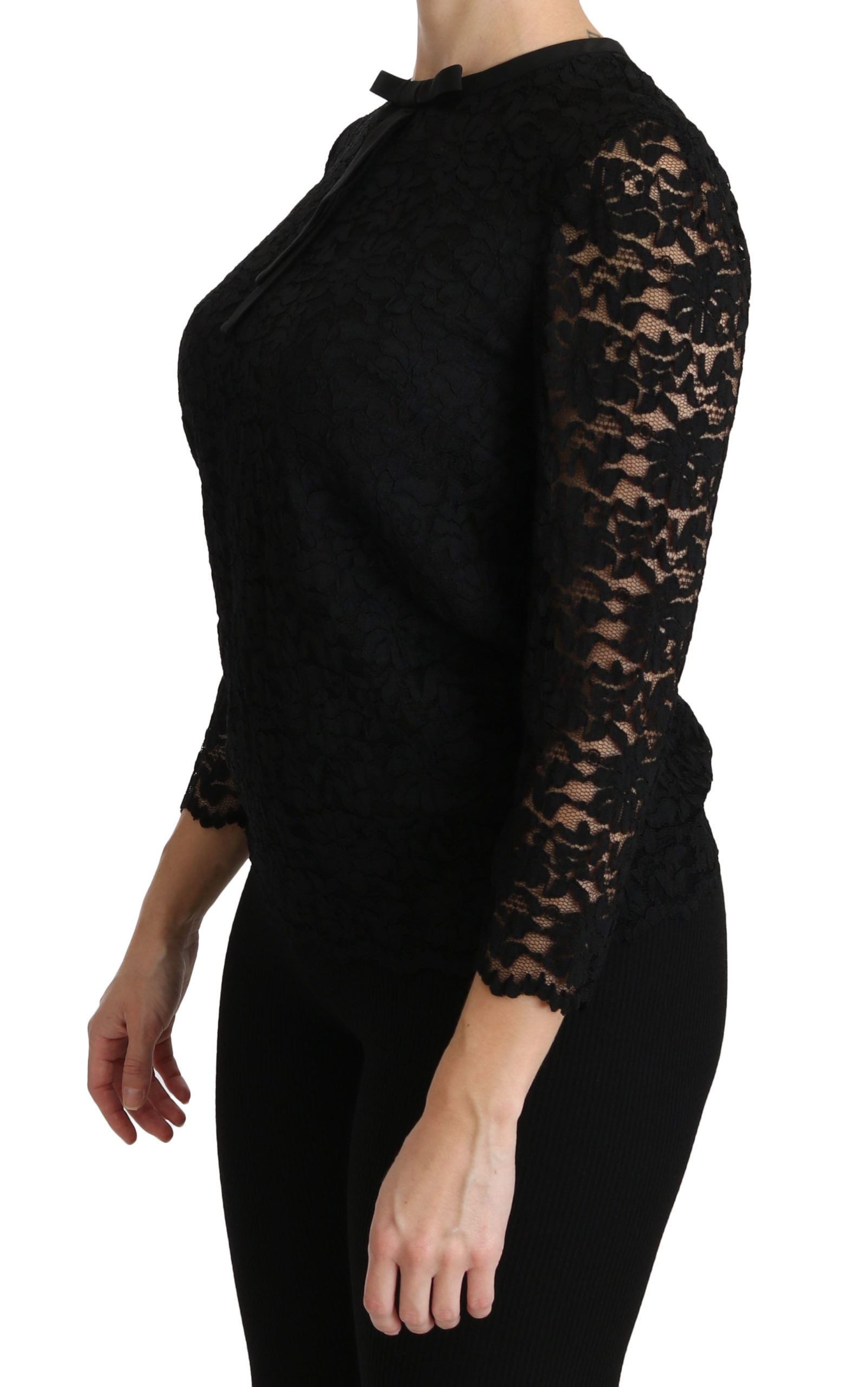 Dolce &amp; Gabbana Elegante schwarze Bluse mit Rundhalsausschnitt und Spitze