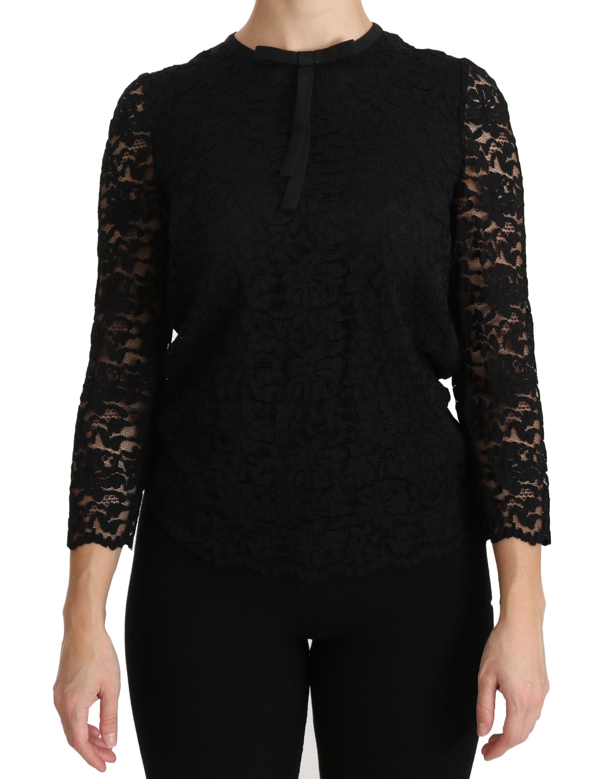 Dolce &amp; Gabbana Elegante schwarze Bluse mit Rundhalsausschnitt und Spitze