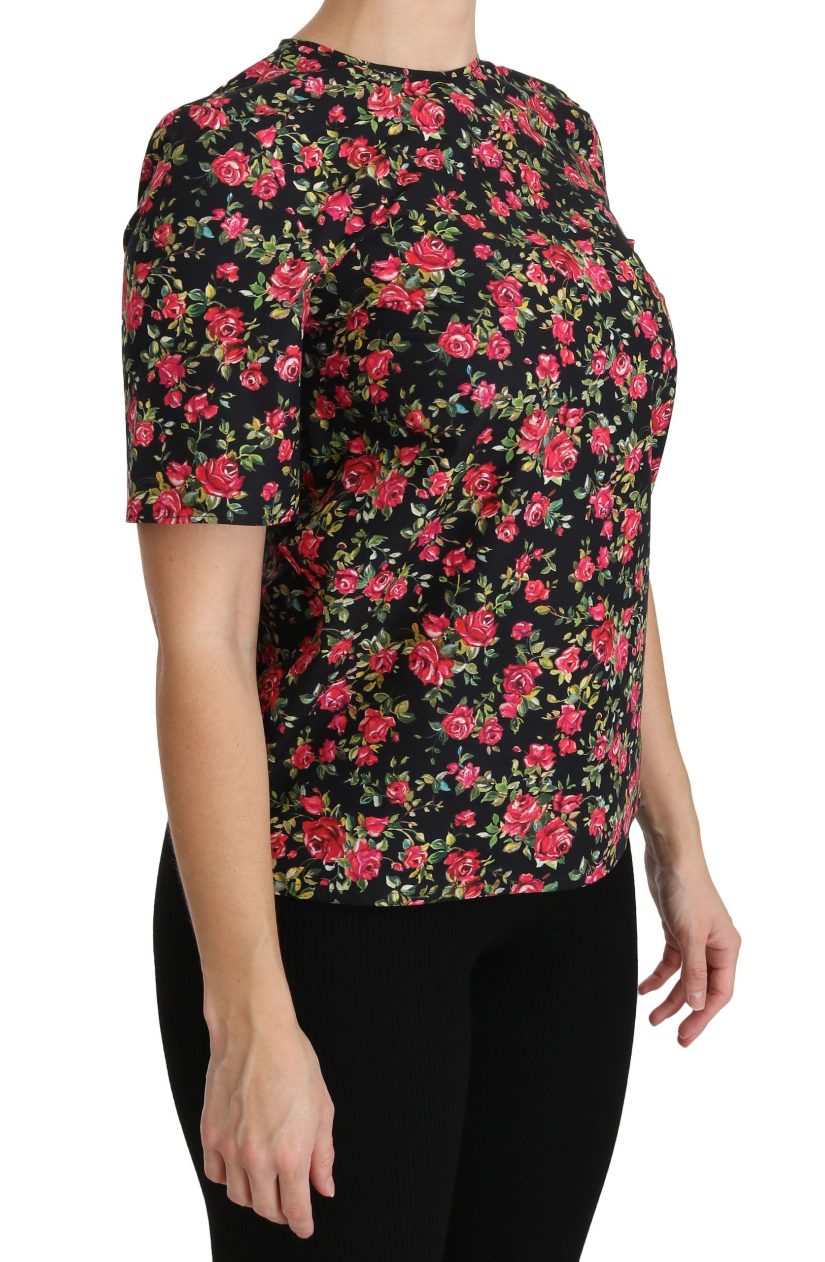 Dolce &amp; Gabbana Elegantes schwarzes Top mit Rundhalsausschnitt und Blumenmuster