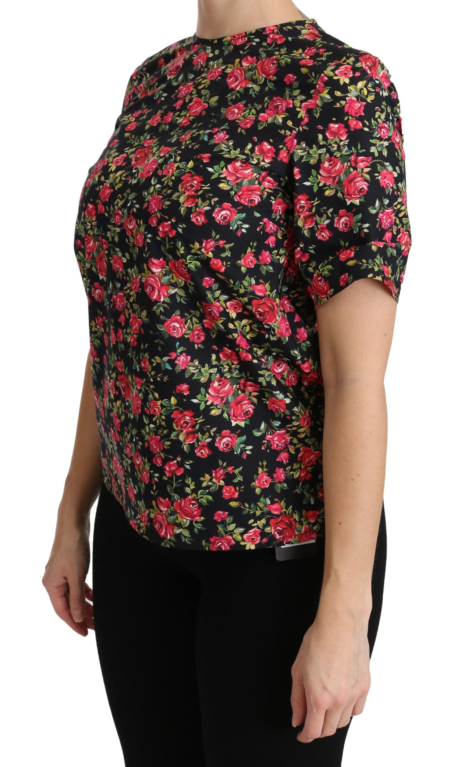 Dolce &amp; Gabbana Elegantes schwarzes Top mit Rundhalsausschnitt und Blumenmuster