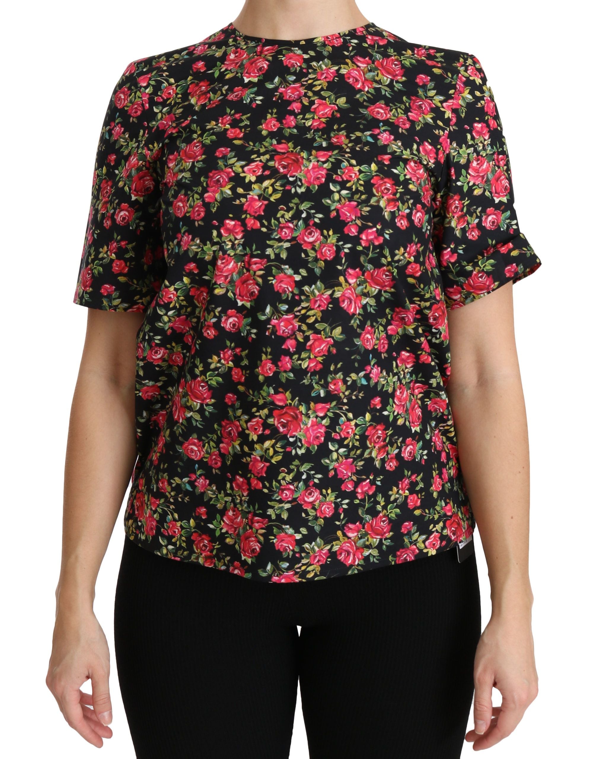 Dolce &amp; Gabbana Elegantes schwarzes Top mit Rundhalsausschnitt und Blumenmuster